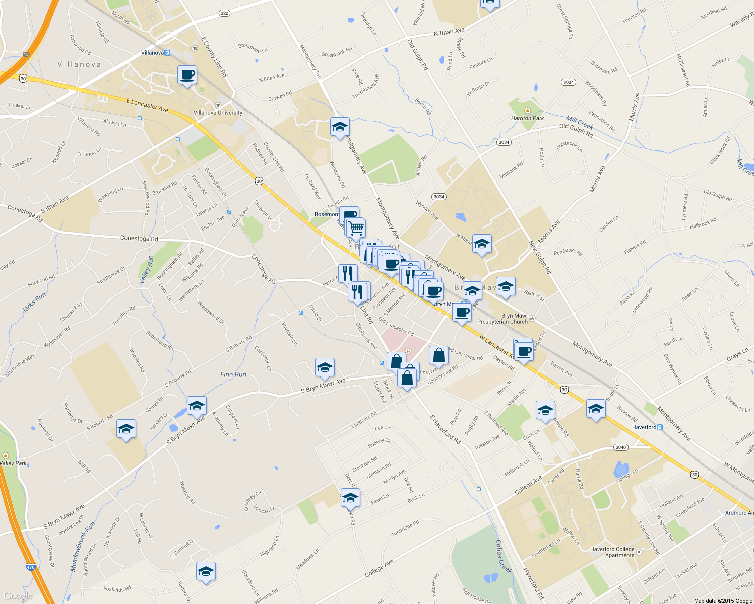 map of restaurants, bars, coffee shops, grocery stores, and more near 52 Prospect Avenue in Bryn Mawr