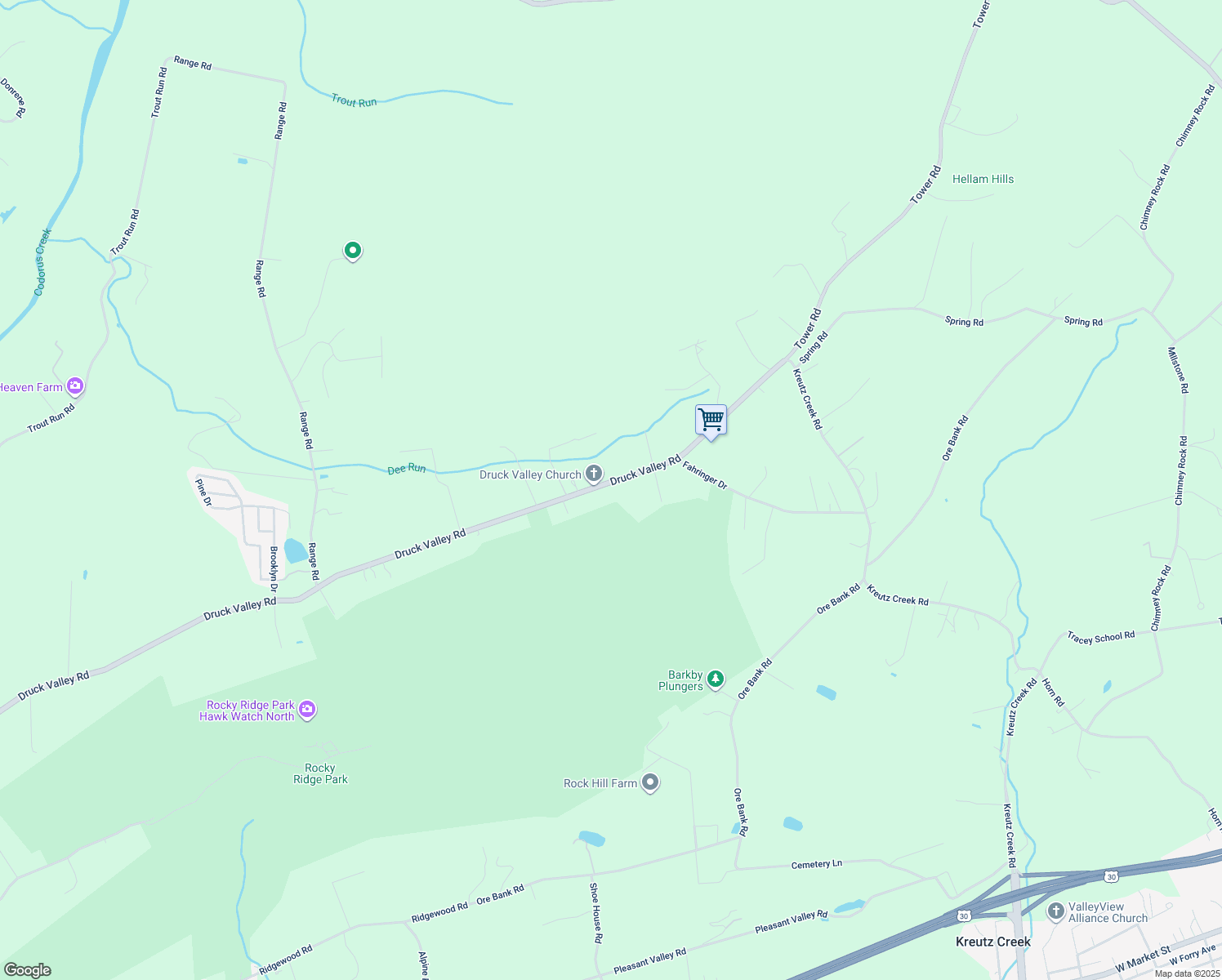 map of restaurants, bars, coffee shops, grocery stores, and more near 4510 Druck Valley Road in York