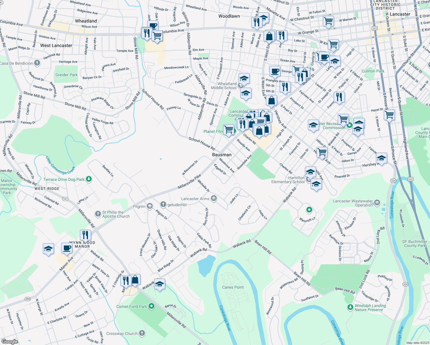 map of restaurants, bars, coffee shops, grocery stores, and more near 15 Springhouse Road in Lancaster