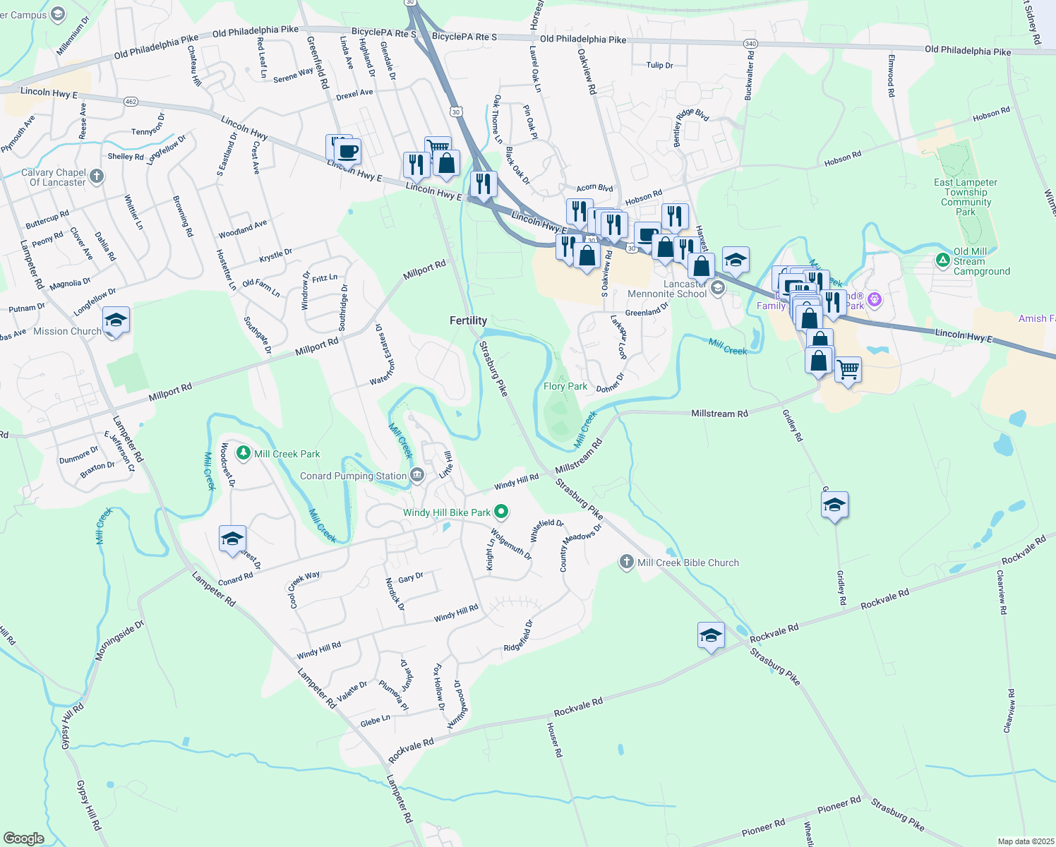 map of restaurants, bars, coffee shops, grocery stores, and more near 161 Strasburg Pike in Lancaster