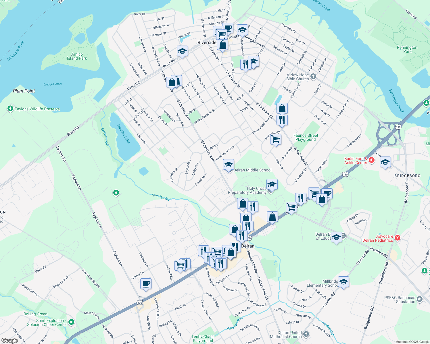 map of restaurants, bars, coffee shops, grocery stores, and more near 816 South Chester Avenue in Delran Township