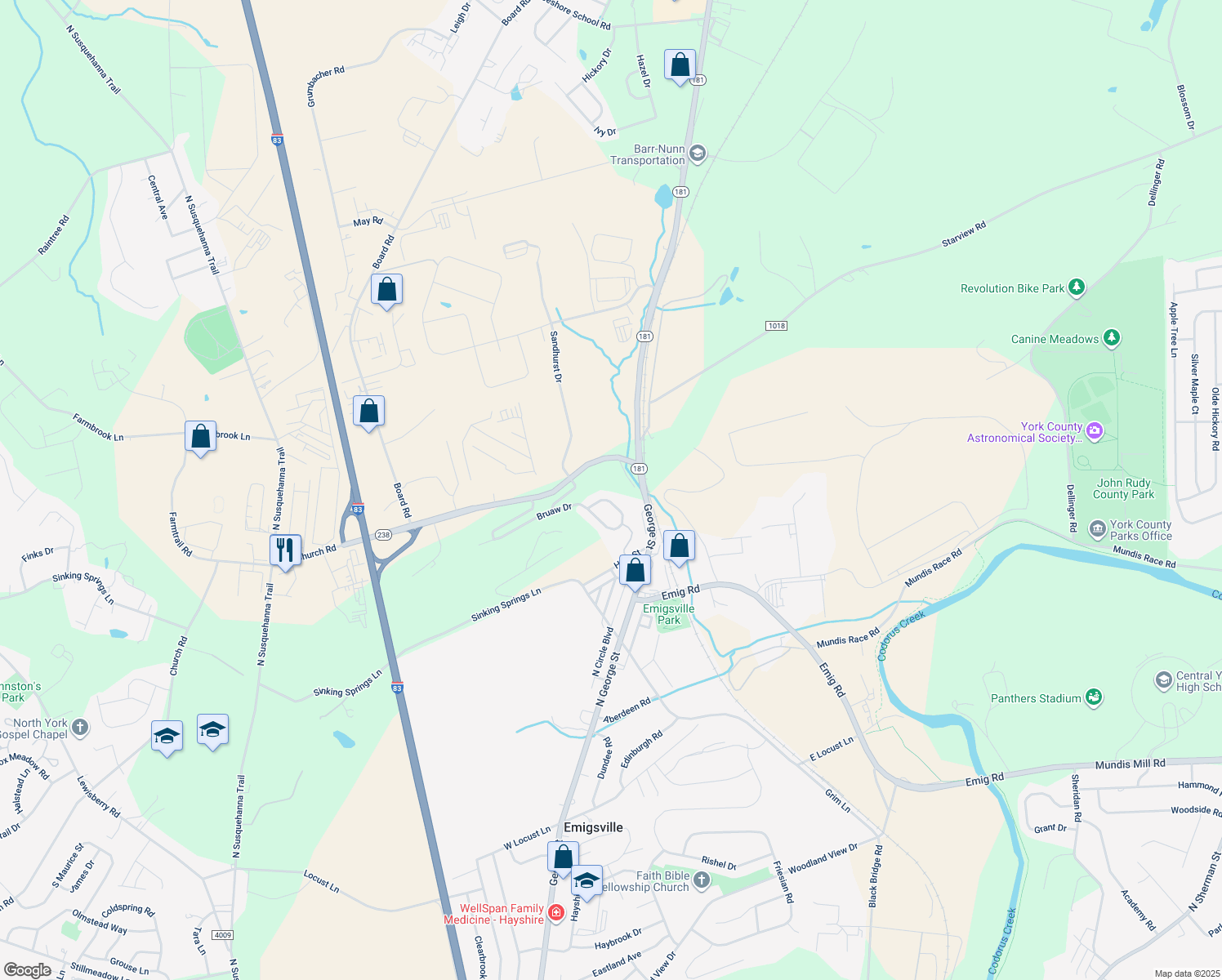 map of restaurants, bars, coffee shops, grocery stores, and more near 134 Bruaw Drive in York