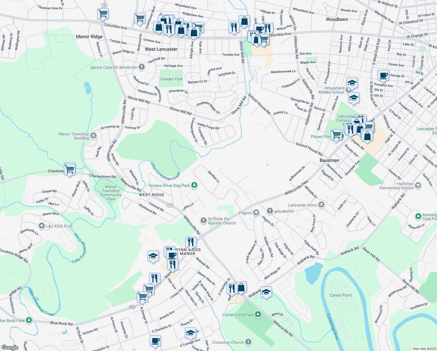 map of restaurants, bars, coffee shops, grocery stores, and more near 146 Bentley Lane in Lancaster