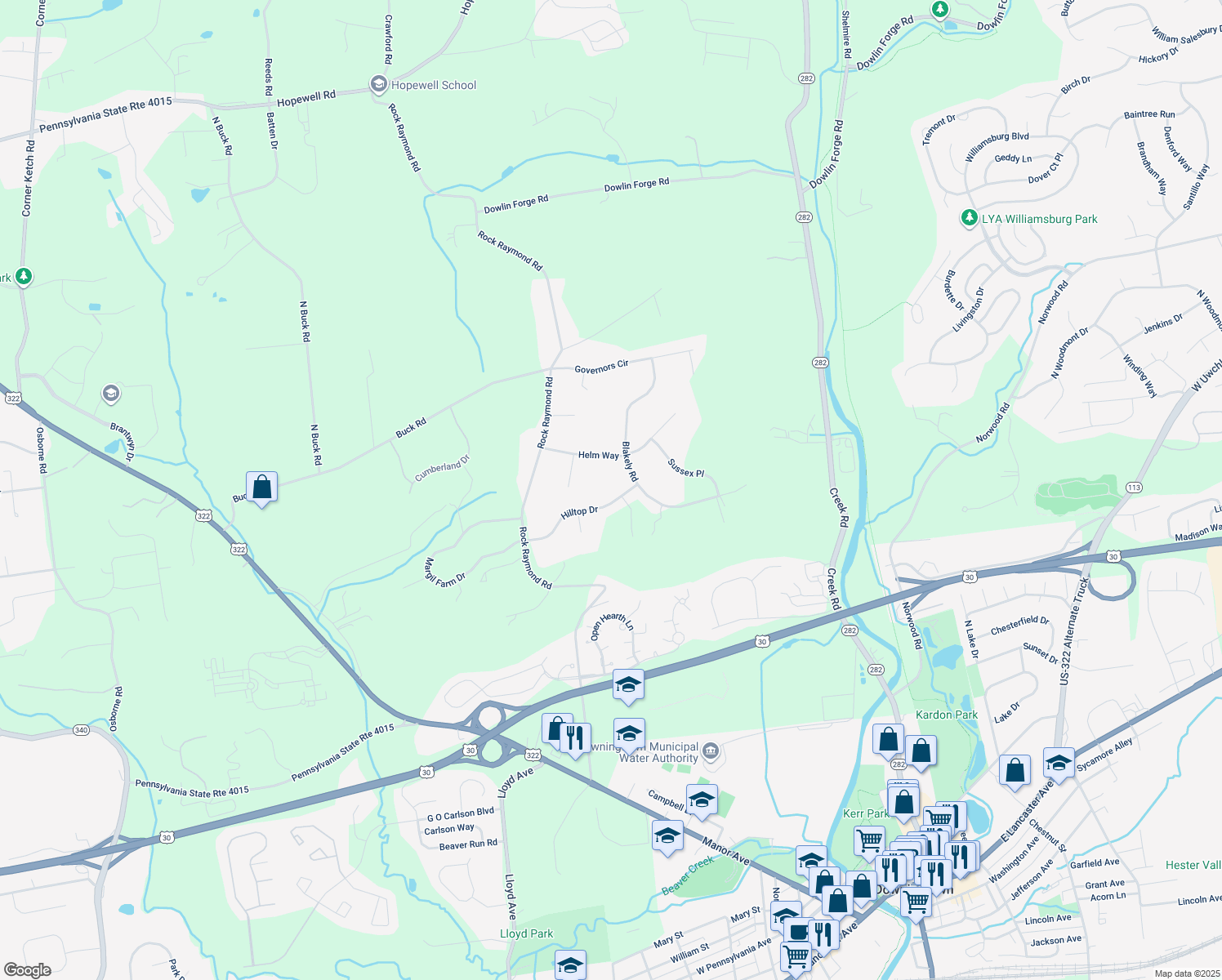 map of restaurants, bars, coffee shops, grocery stores, and more near 113 Hilltop Dr in Downingtown