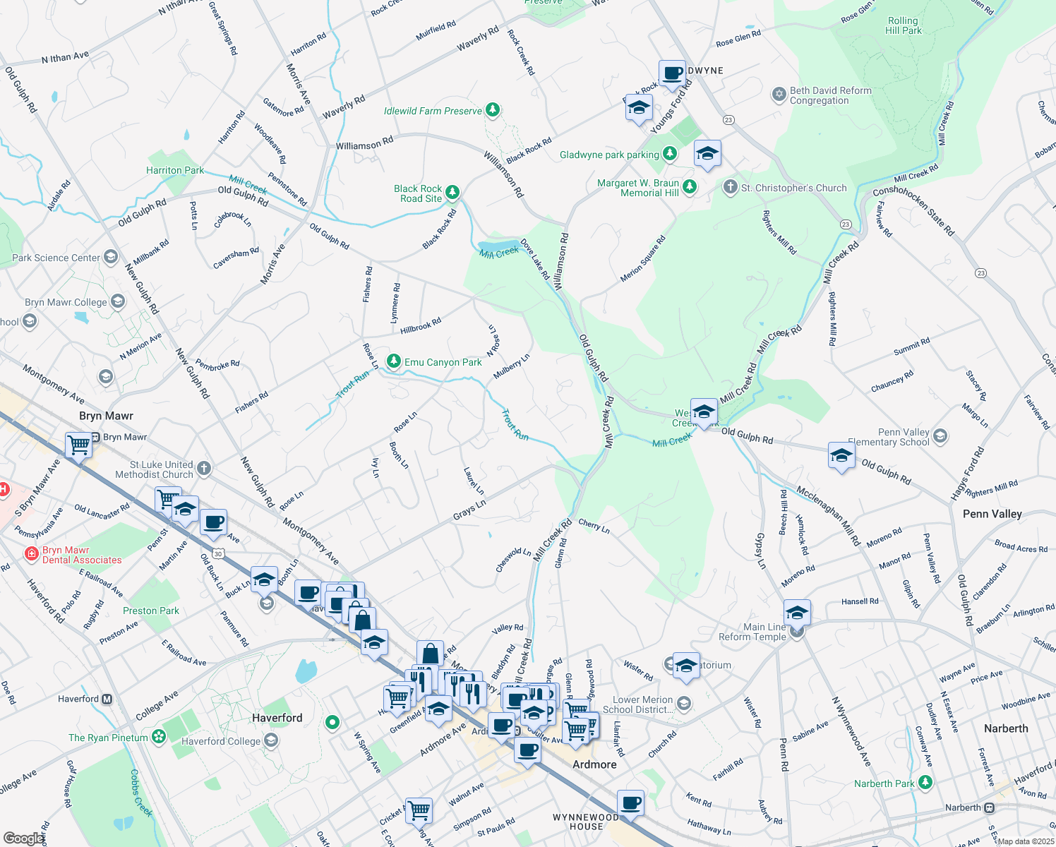 map of restaurants, bars, coffee shops, grocery stores, and more near 405 Richard Knolls in Haverford