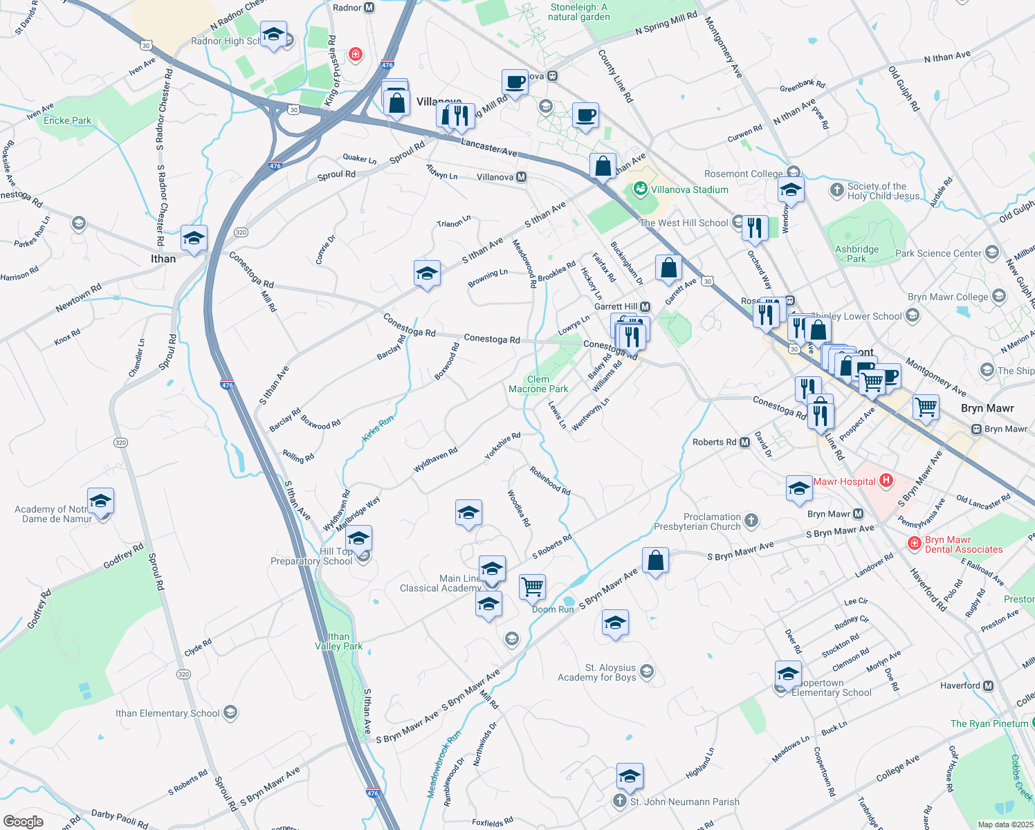 map of restaurants, bars, coffee shops, grocery stores, and more near 352 Yorkshire Road in Bryn Mawr