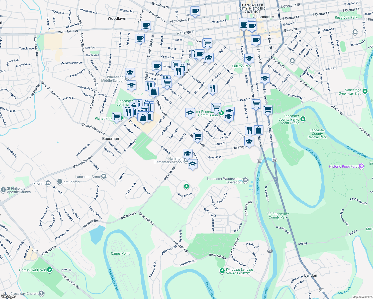 map of restaurants, bars, coffee shops, grocery stores, and more near 1209 Wabank Road in Lancaster