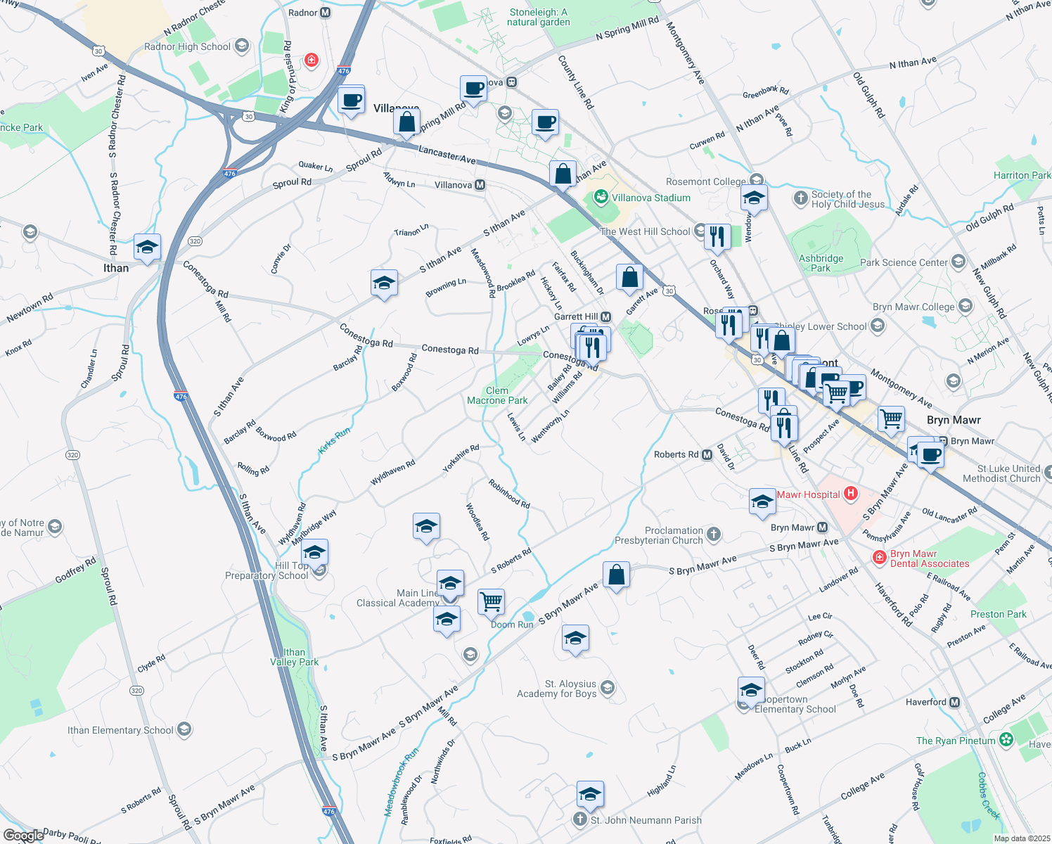 map of restaurants, bars, coffee shops, grocery stores, and more near 330 Williams Road in Bryn Mawr