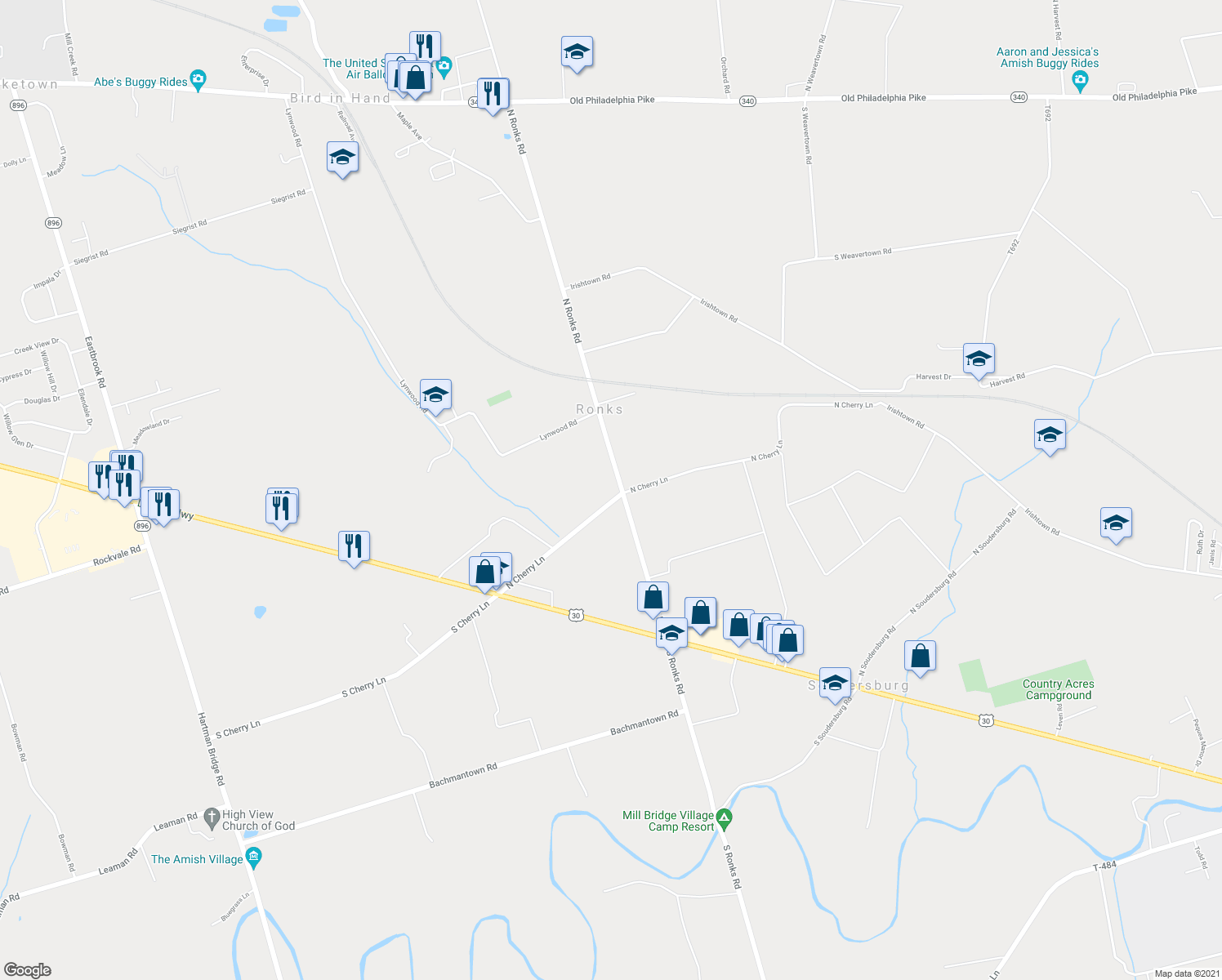 map of restaurants, bars, coffee shops, grocery stores, and more near 84 North Ronks Road in Ronks