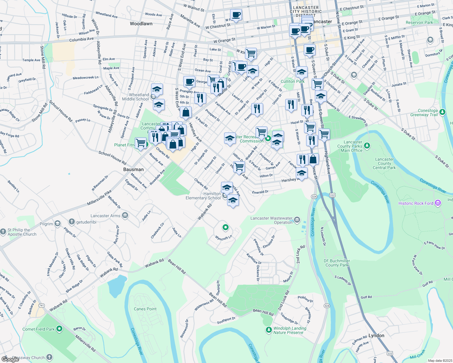 map of restaurants, bars, coffee shops, grocery stores, and more near 1201 Wabank Road in Lancaster