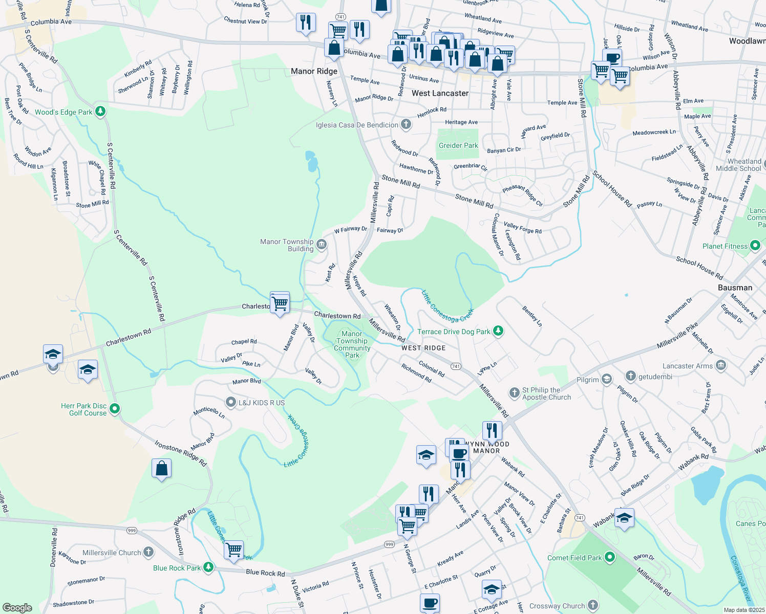 map of restaurants, bars, coffee shops, grocery stores, and more near 916 Wheaton Dr in Lancaster