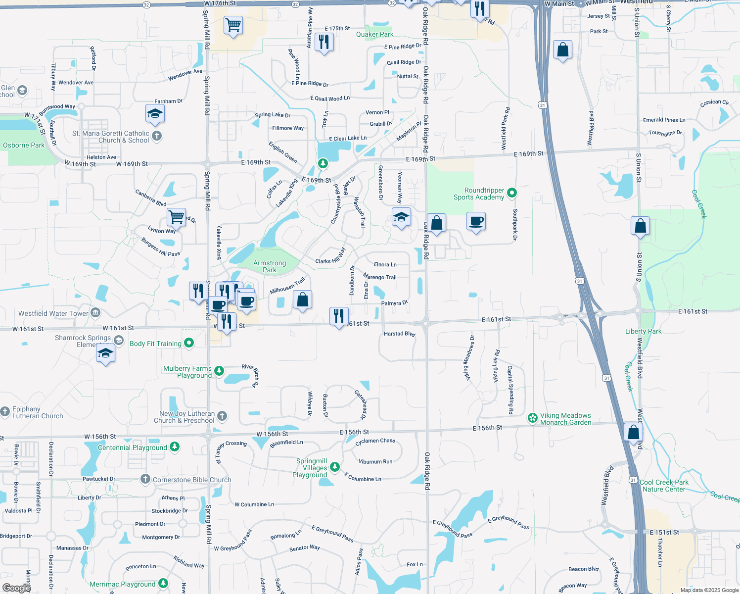 map of restaurants, bars, coffee shops, grocery stores, and more near 16209 Etna Dr in Westfield