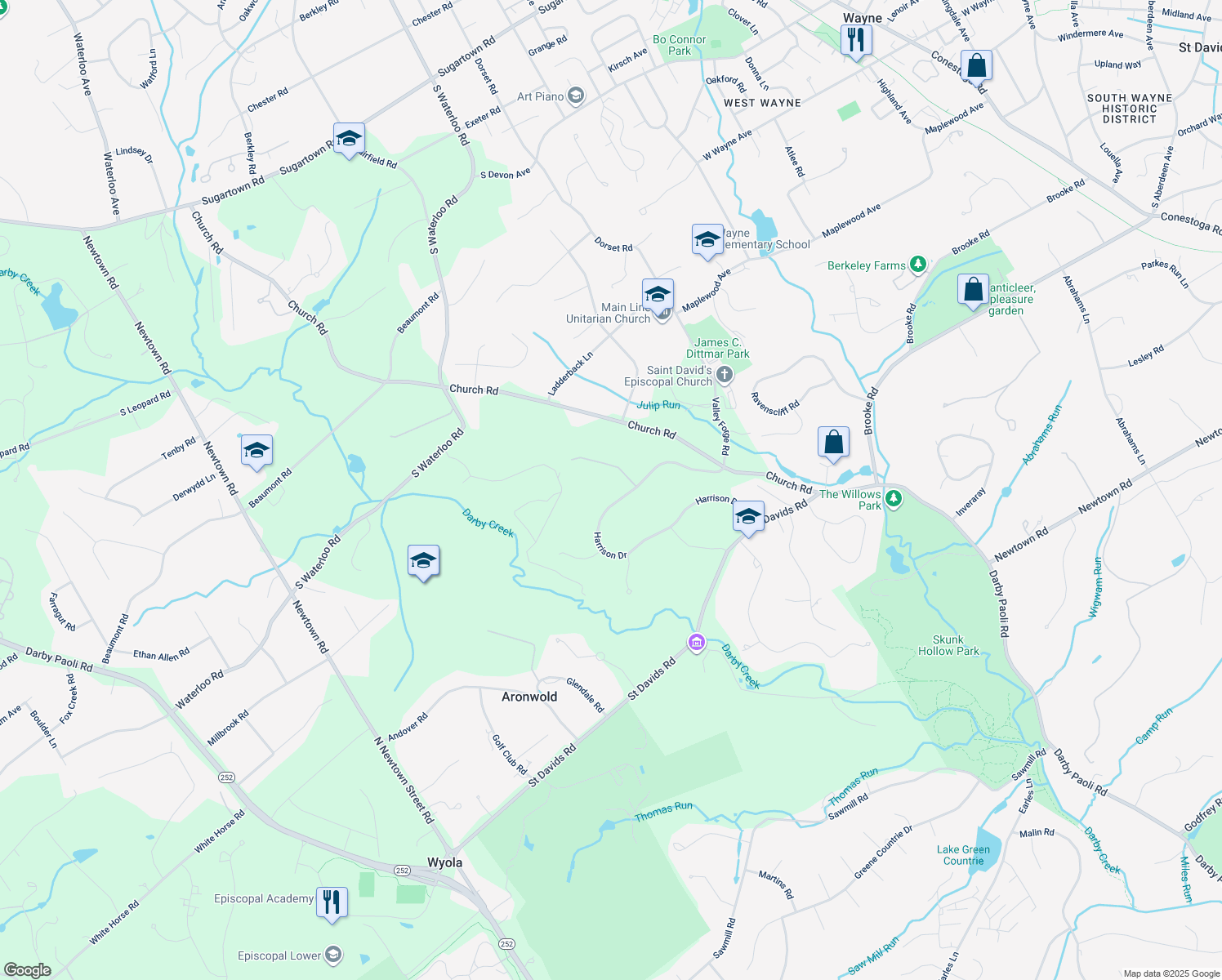 map of restaurants, bars, coffee shops, grocery stores, and more near 16 Harrison Drive in Newtown Square