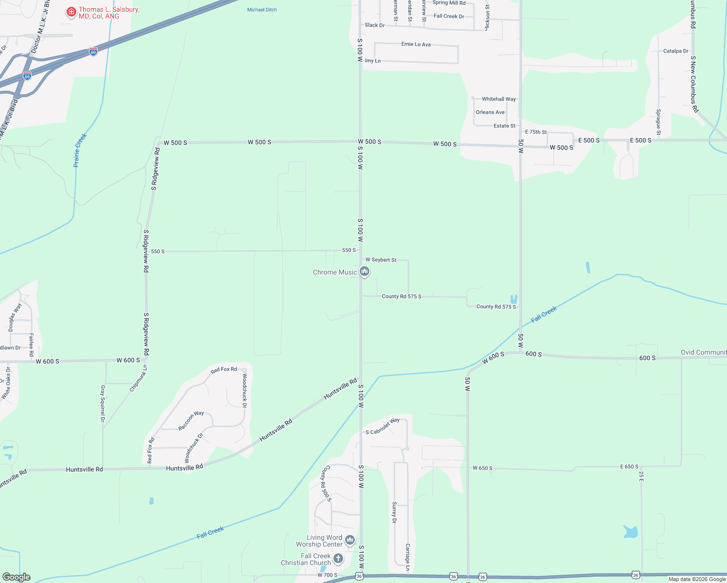 map of restaurants, bars, coffee shops, grocery stores, and more near 5700 County Road 100 West in Pendleton