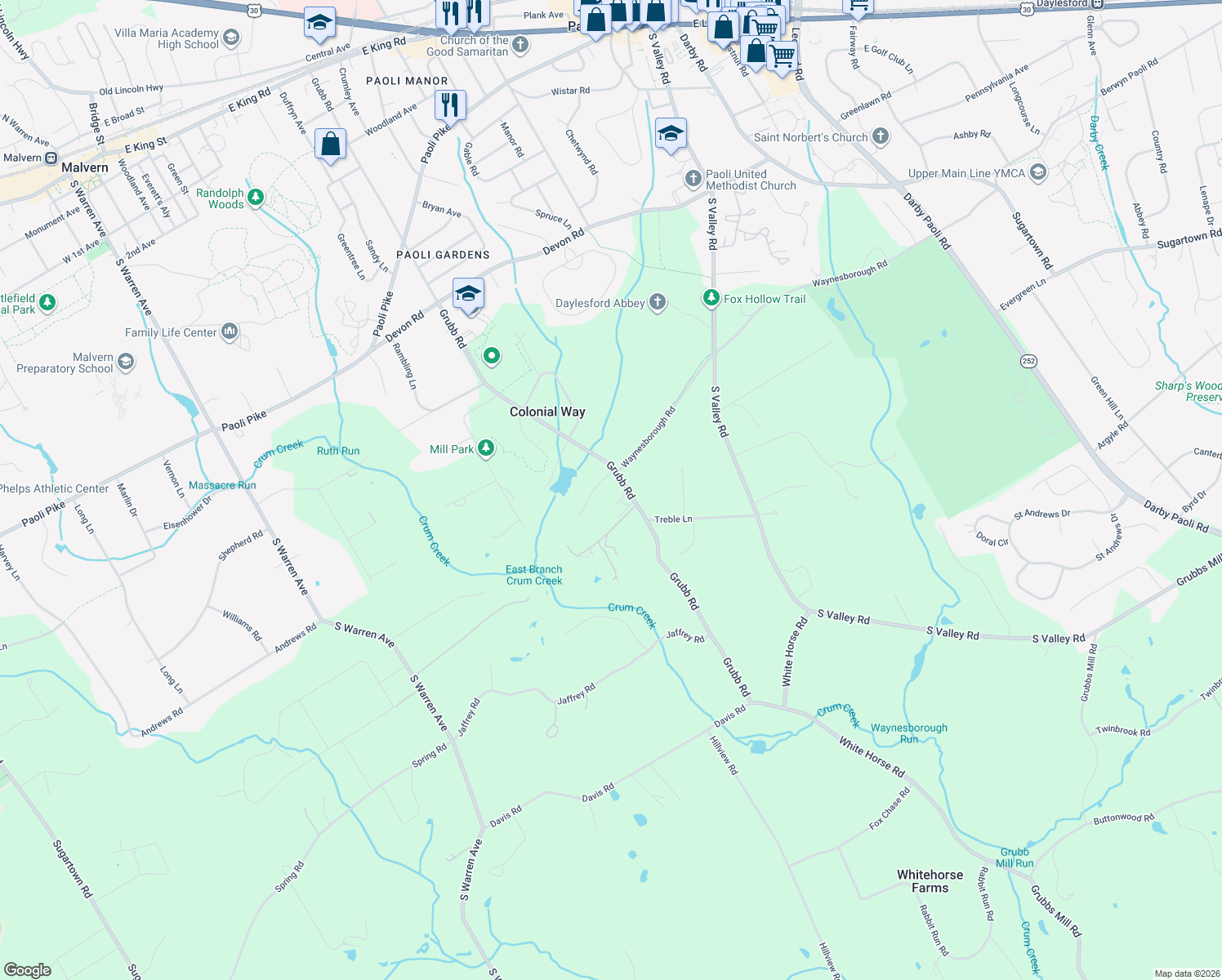 map of restaurants, bars, coffee shops, grocery stores, and more near 154 Grubb Road in Malvern
