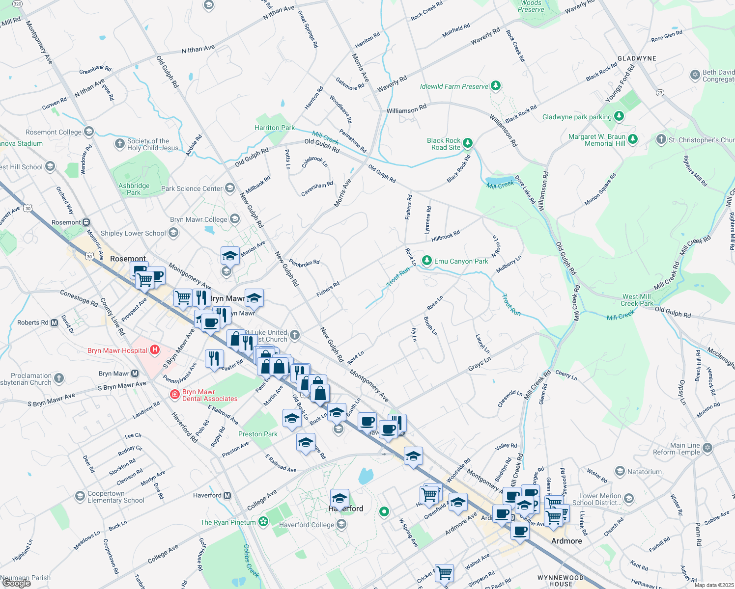 map of restaurants, bars, coffee shops, grocery stores, and more near 556 Ferndale Lane in Haverford