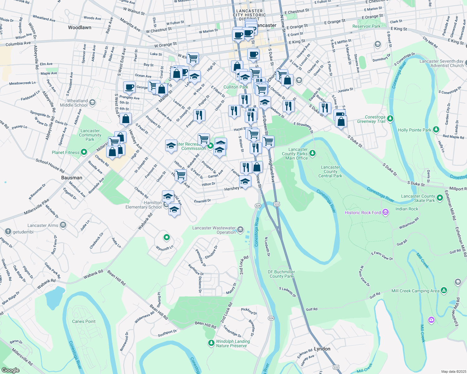 map of restaurants, bars, coffee shops, grocery stores, and more near 831 Lucilla Court in Lancaster