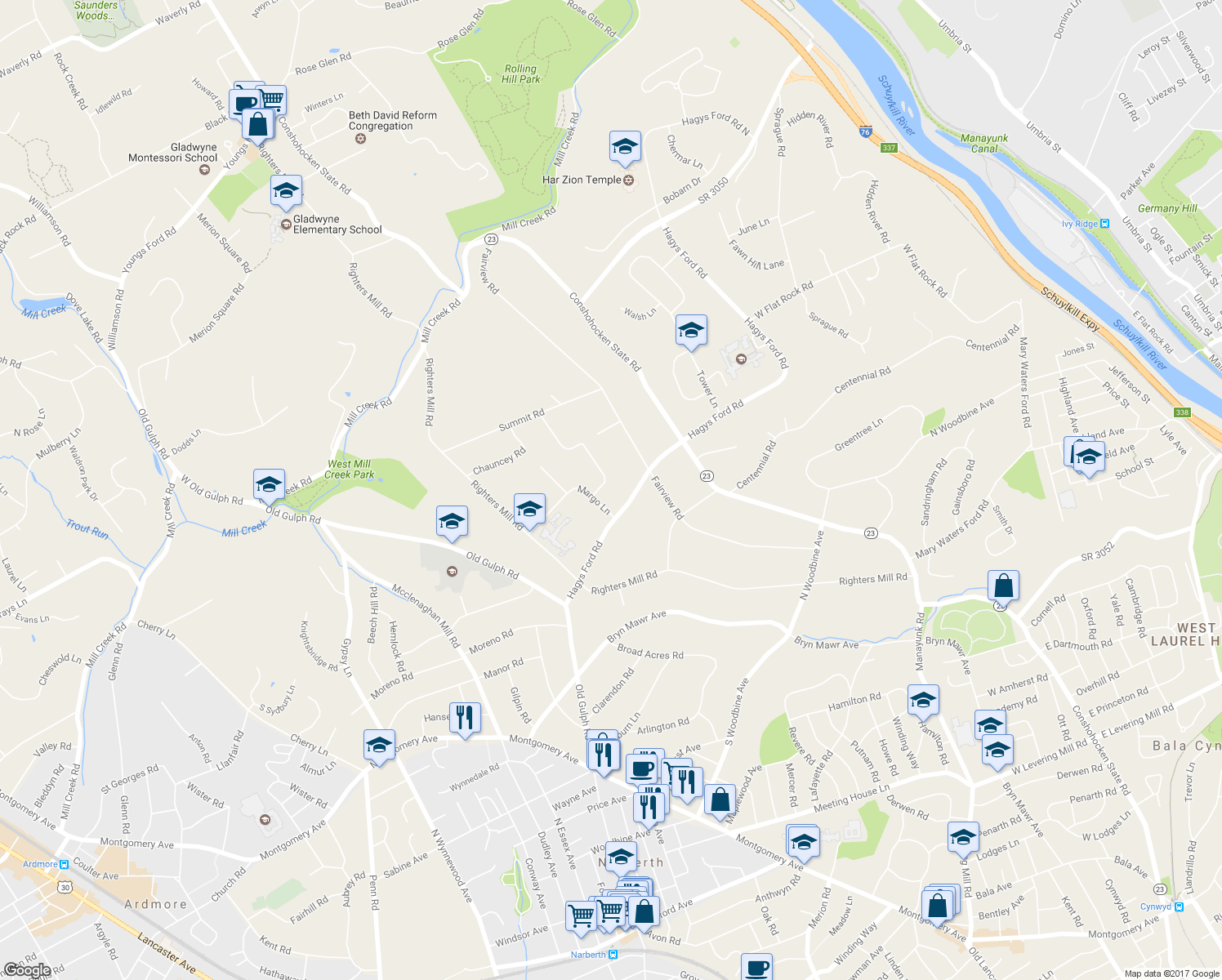 map of restaurants, bars, coffee shops, grocery stores, and more near 243 Stacey Road in Penn Valley