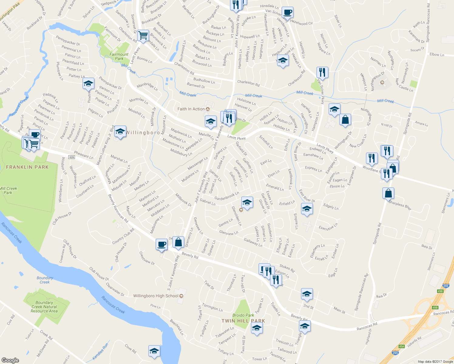 map of restaurants, bars, coffee shops, grocery stores, and more near 25 Gamewell Ln in Willingboro Township