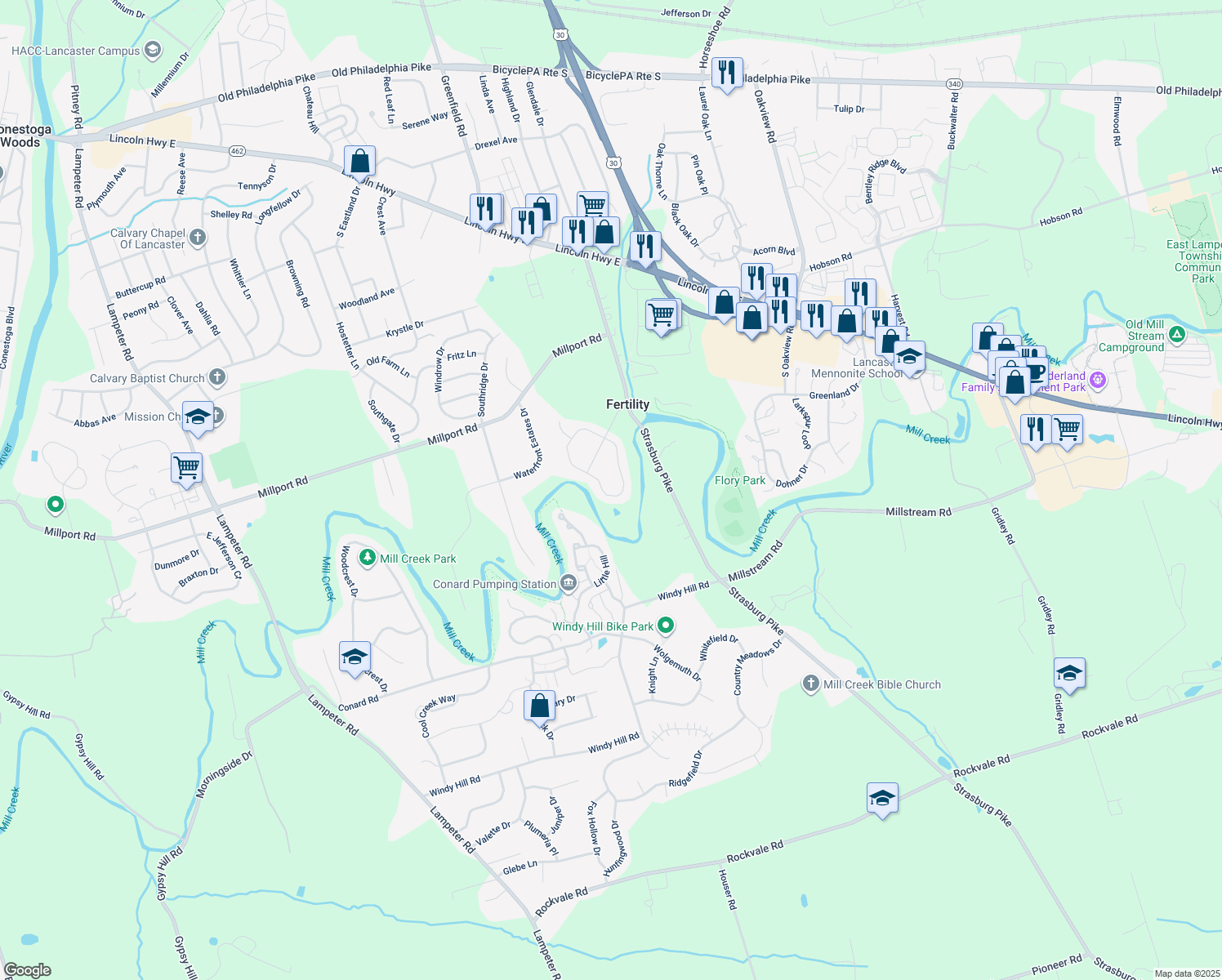 map of restaurants, bars, coffee shops, grocery stores, and more near 164 American Ave in Lancaster