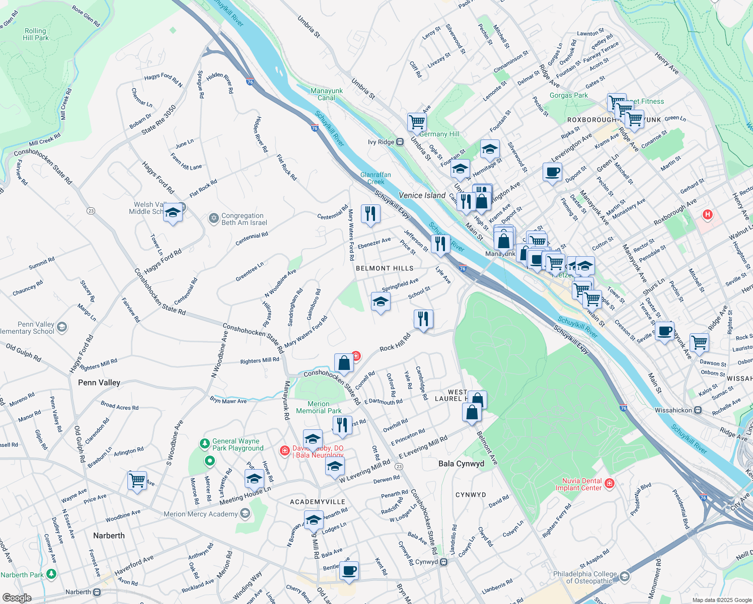 map of restaurants, bars, coffee shops, grocery stores, and more near 42 South Washington Avenue in Bala Cynwyd