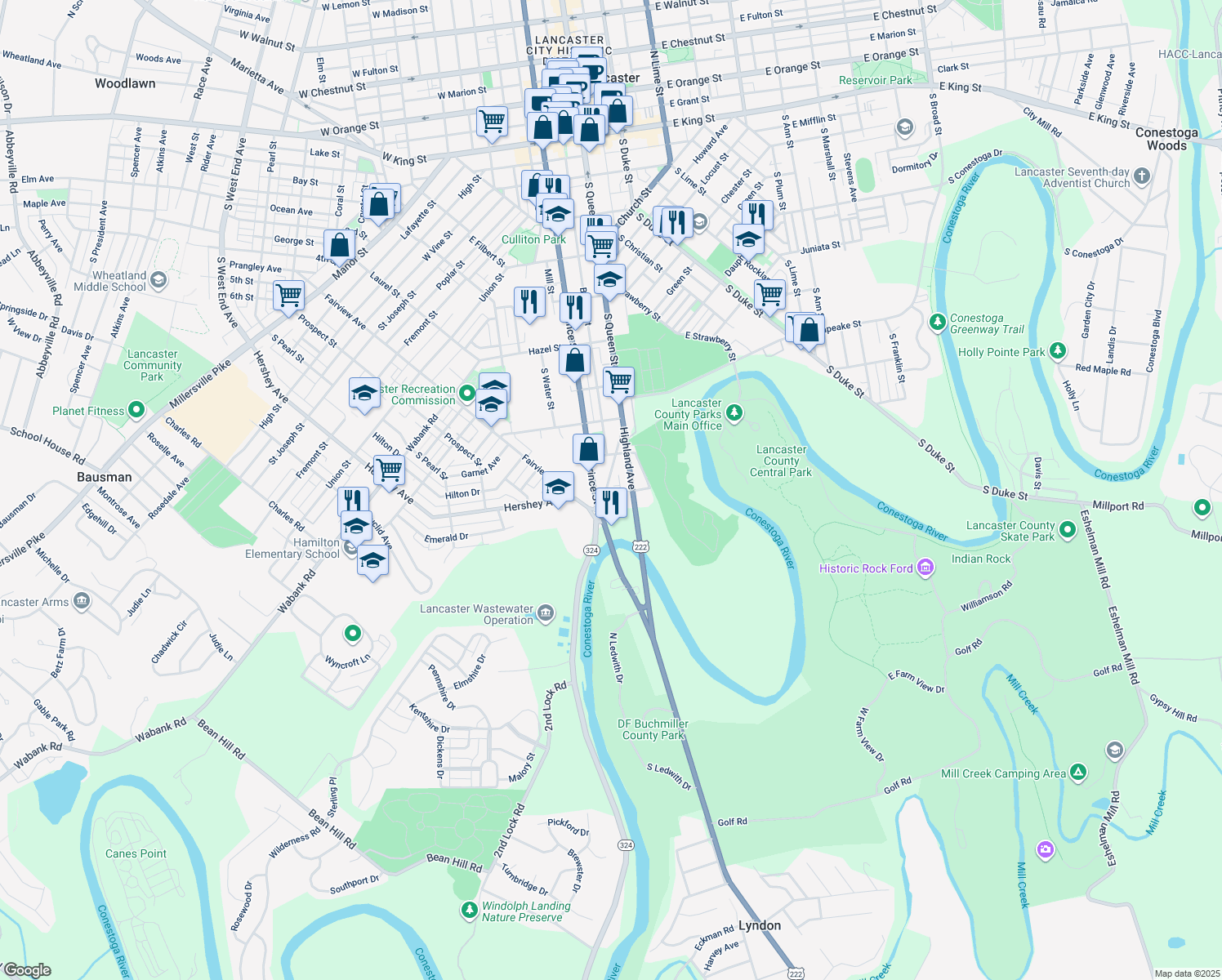 map of restaurants, bars, coffee shops, grocery stores, and more near 859 South Queen Street in Lancaster