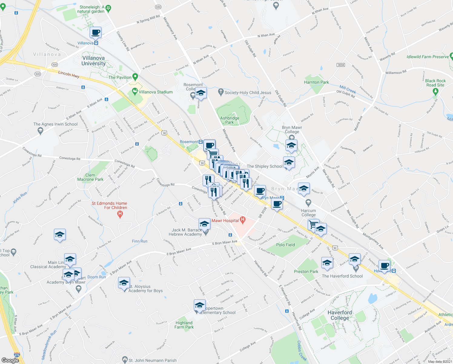 map of restaurants, bars, coffee shops, grocery stores, and more near 8 Thomas Avenue in Bryn Mawr