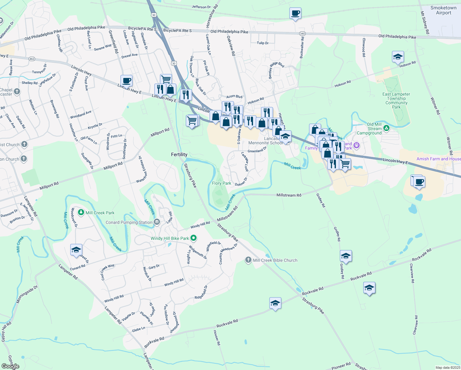 map of restaurants, bars, coffee shops, grocery stores, and more near 388 Dohner Drive in Lancaster