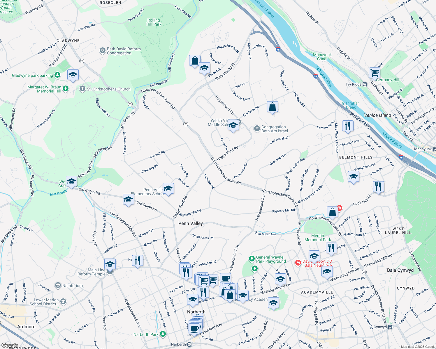 map of restaurants, bars, coffee shops, grocery stores, and more near 408 Conshohocken State Road in Penn Valley