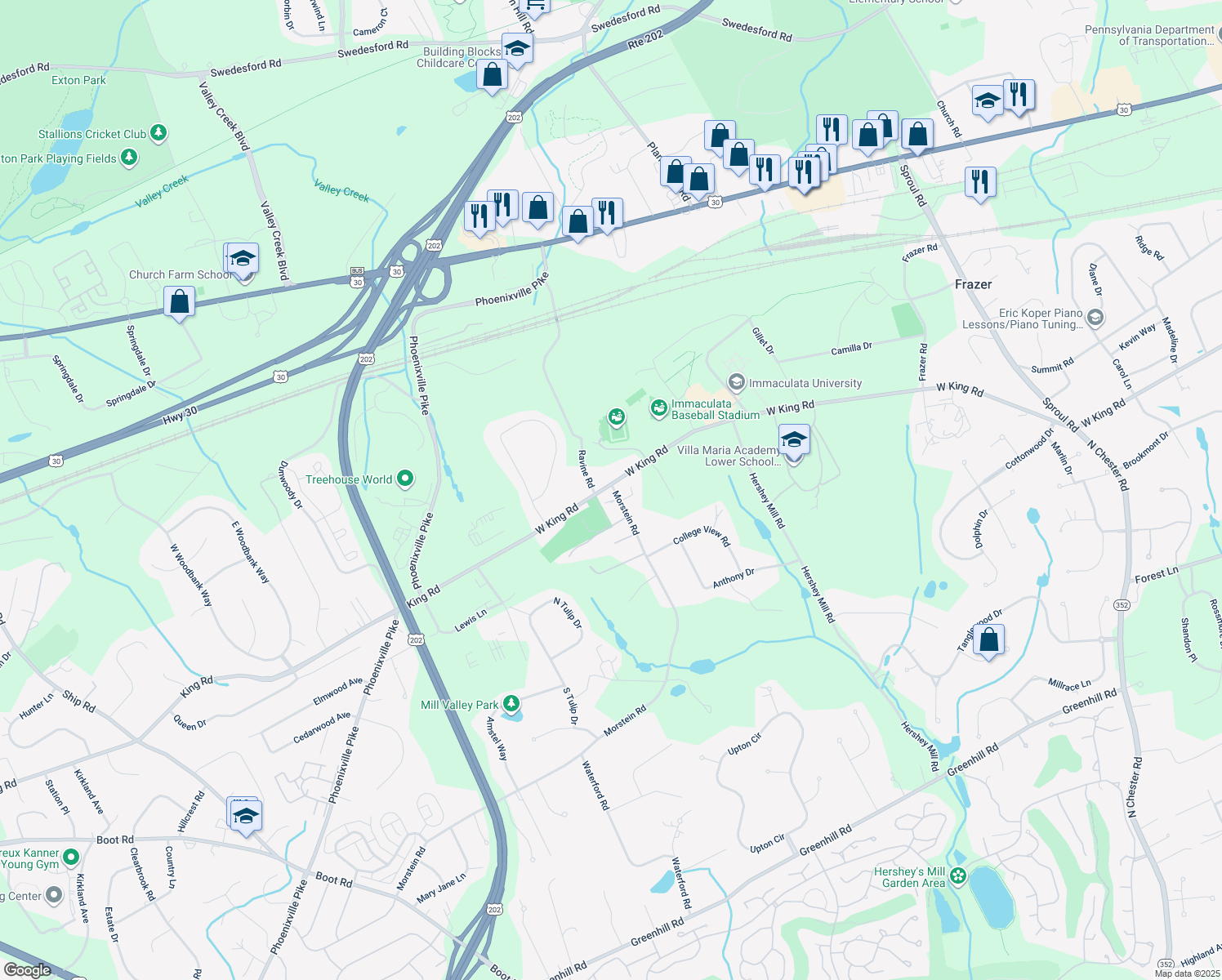 map of restaurants, bars, coffee shops, grocery stores, and more near 1244 West King Road in Malvern