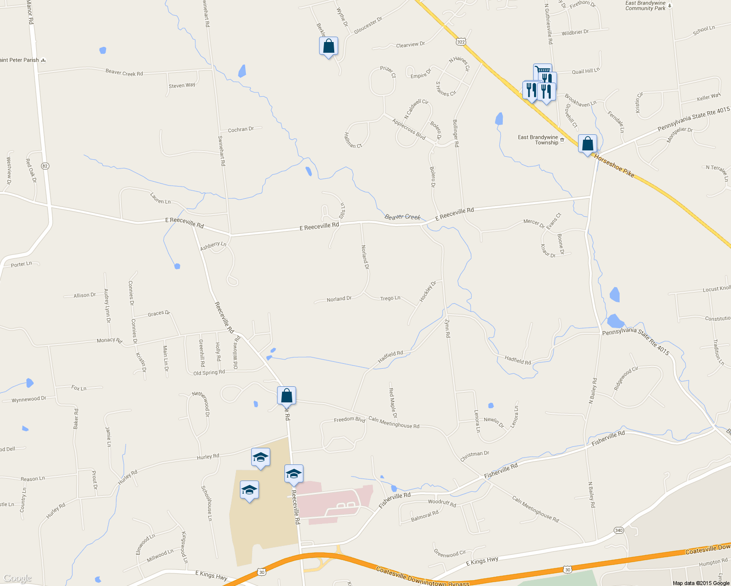 map of restaurants, bars, coffee shops, grocery stores, and more near 105 Trego Lane in Downingtown