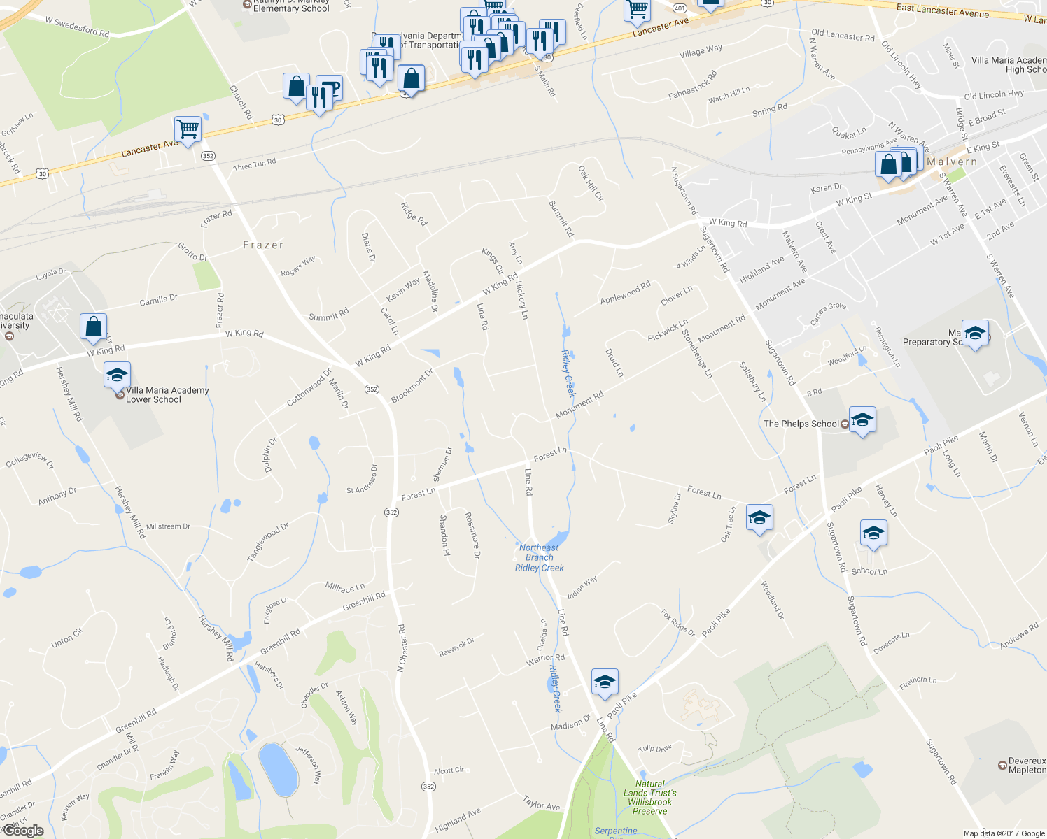 map of restaurants, bars, coffee shops, grocery stores, and more near 6 Willow Pond Road in Malvern