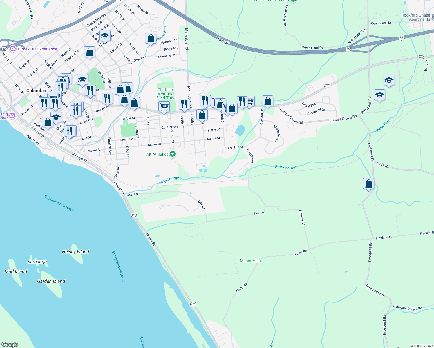 map of restaurants, bars, coffee shops, grocery stores, and more near 855 S 13th St in Columbia