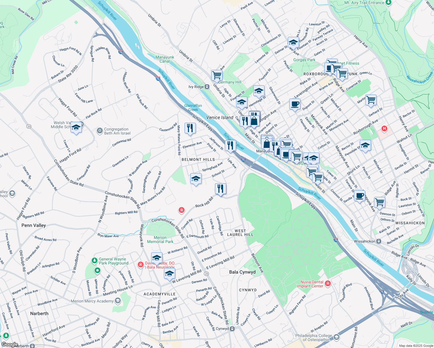 map of restaurants, bars, coffee shops, grocery stores, and more near 160 School Street in Bala Cynwyd