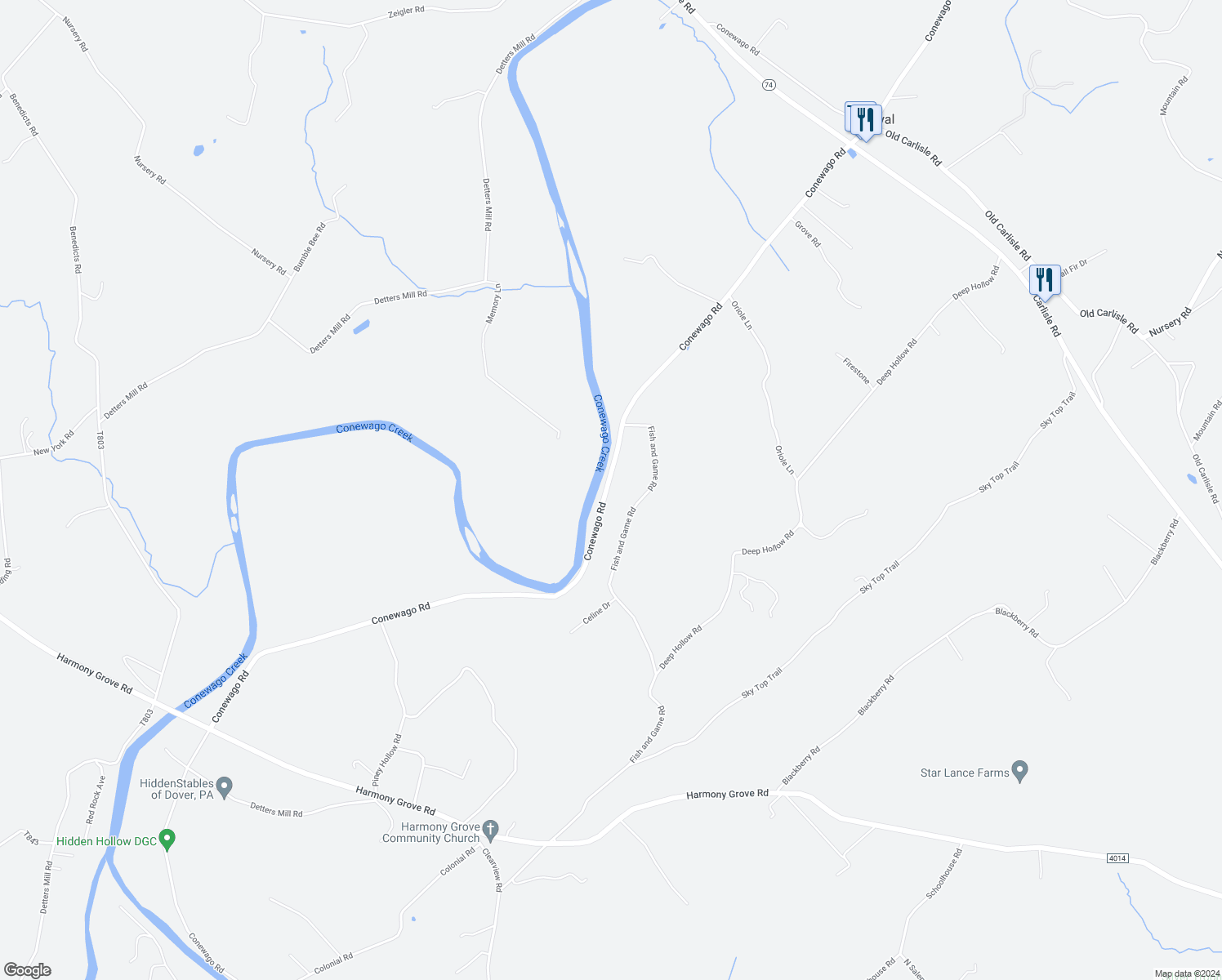 map of restaurants, bars, coffee shops, grocery stores, and more near 2800 Conewago Road in Dover