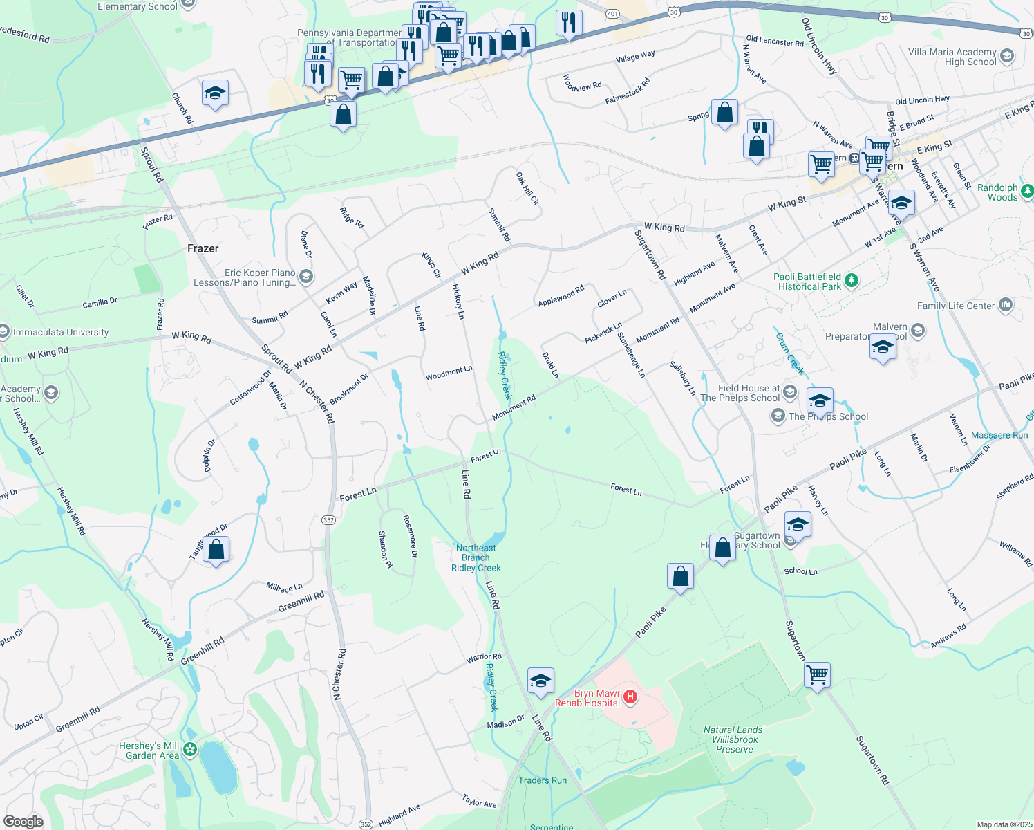 map of restaurants, bars, coffee shops, grocery stores, and more near 742 Monument Road in Malvern