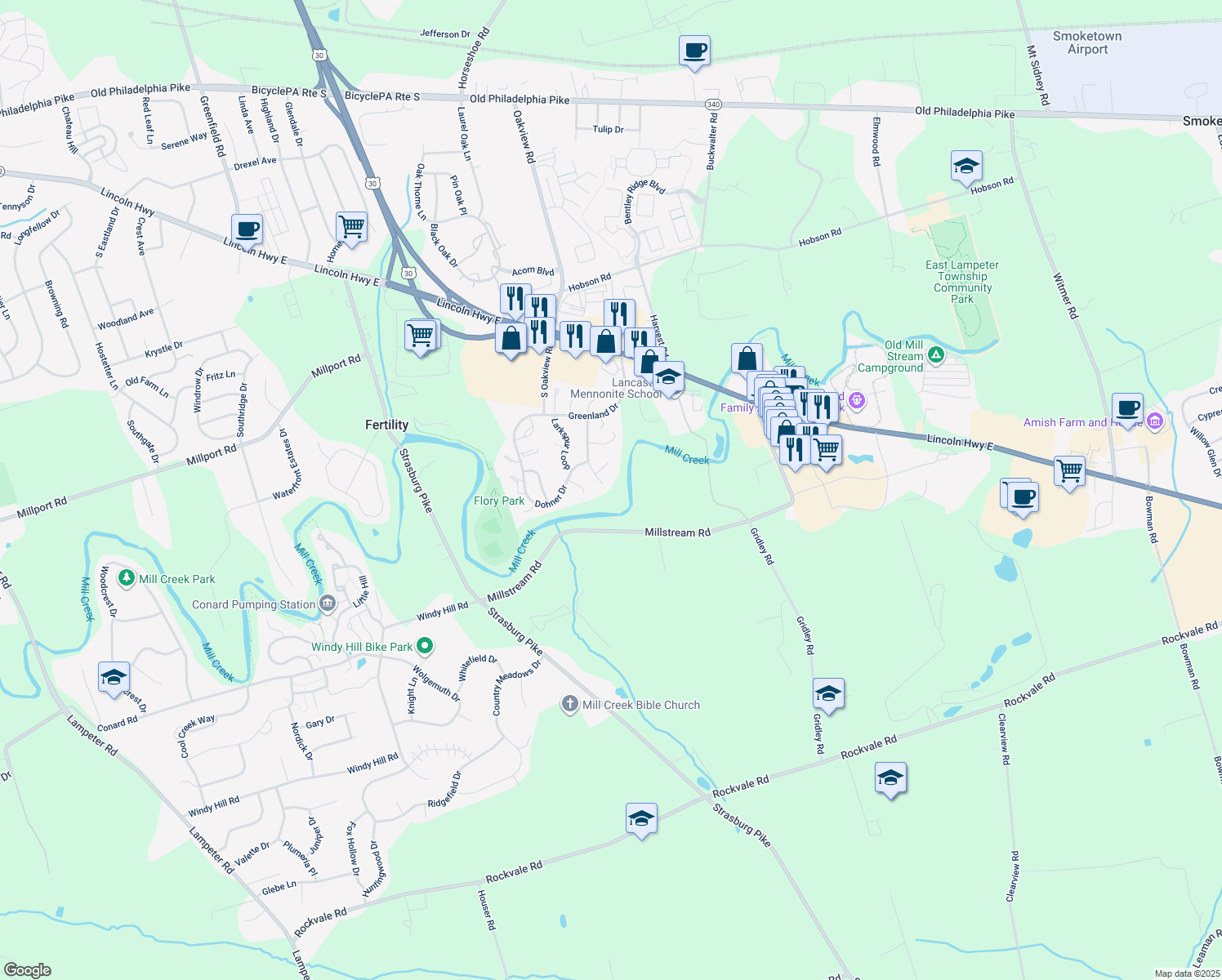 map of restaurants, bars, coffee shops, grocery stores, and more near 457 Coreopsis Drive in Lancaster