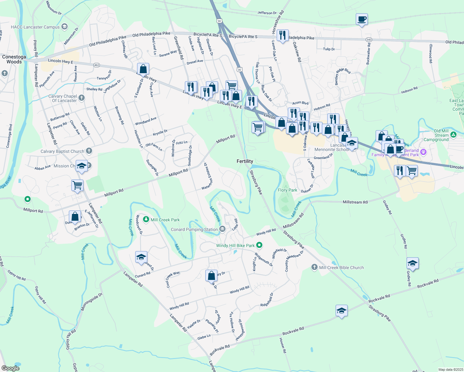 map of restaurants, bars, coffee shops, grocery stores, and more near 138 Heritage Rd in Lancaster