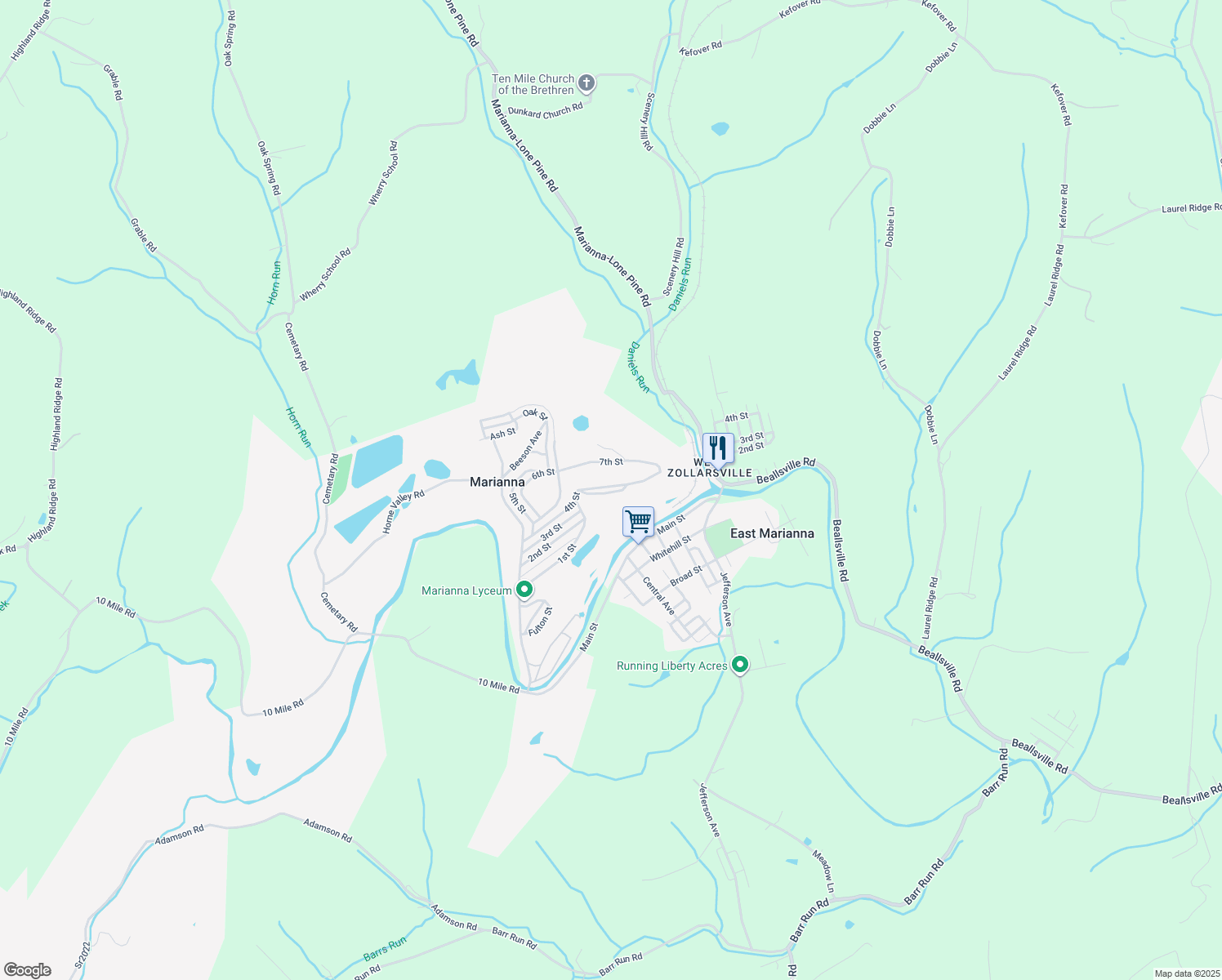 map of restaurants, bars, coffee shops, grocery stores, and more near 425 Oklahoma Street in Marianna