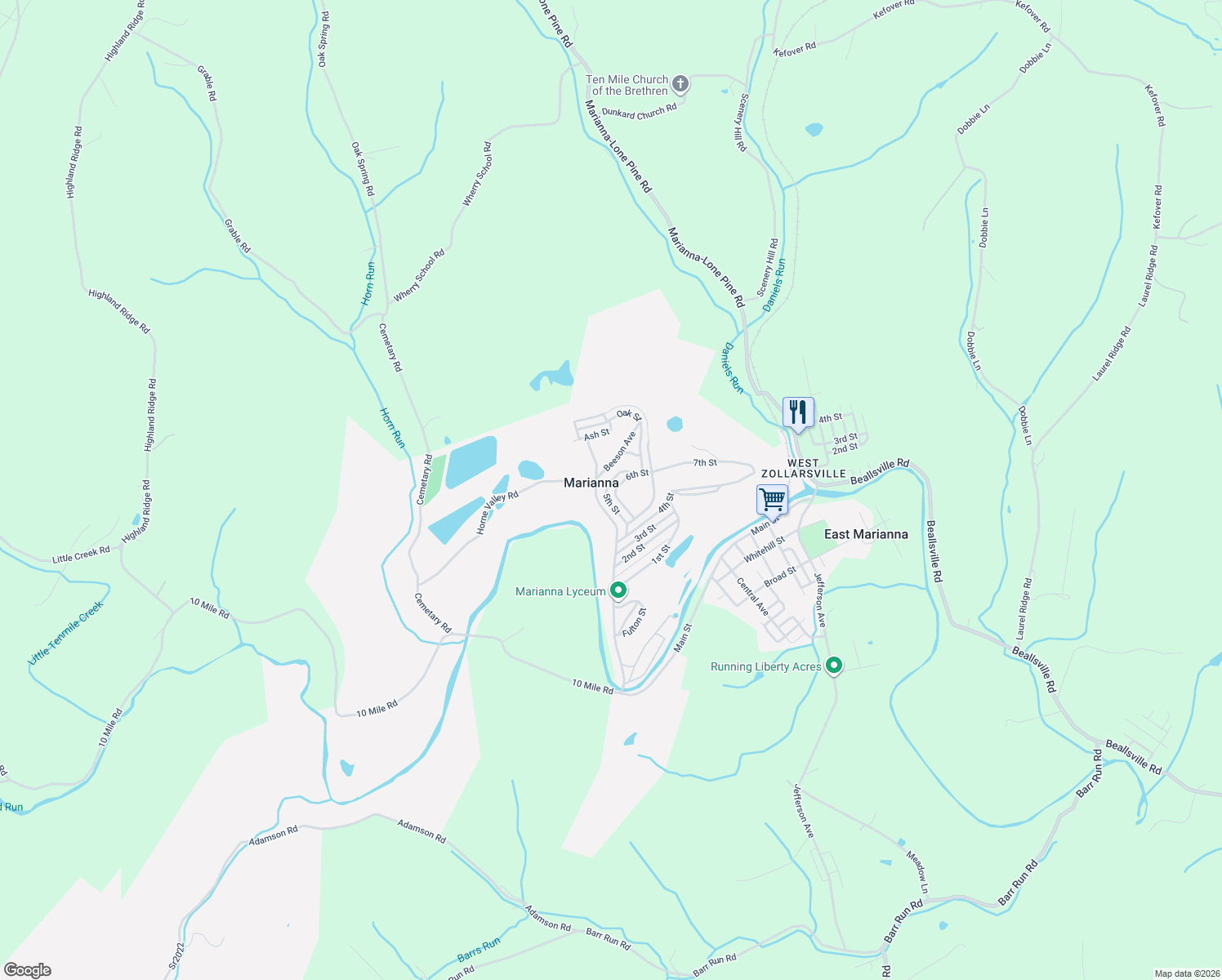 map of restaurants, bars, coffee shops, grocery stores, and more near 707 6th Street in Marianna