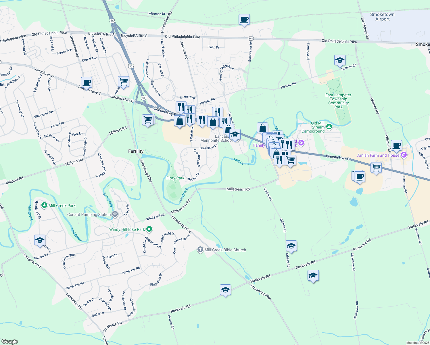 map of restaurants, bars, coffee shops, grocery stores, and more near 455 Coreopsis Drive in Lancaster