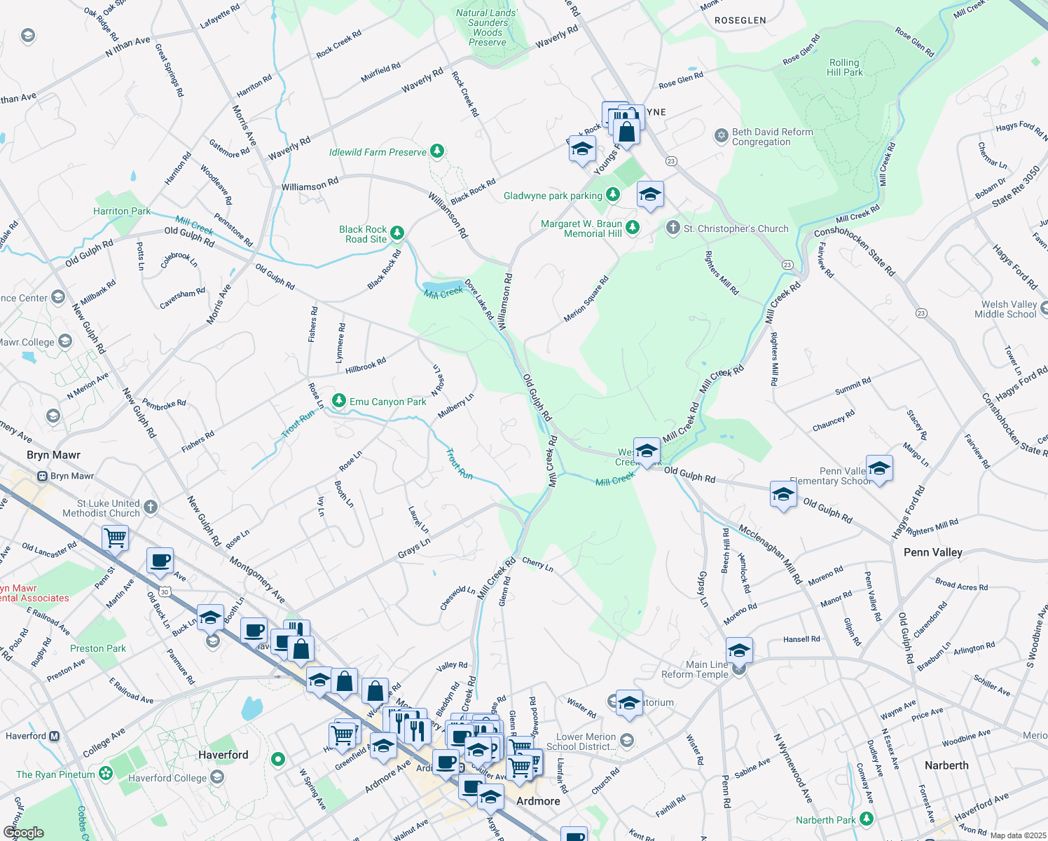 map of restaurants, bars, coffee shops, grocery stores, and more near 647 Robinson Ln in Haverford