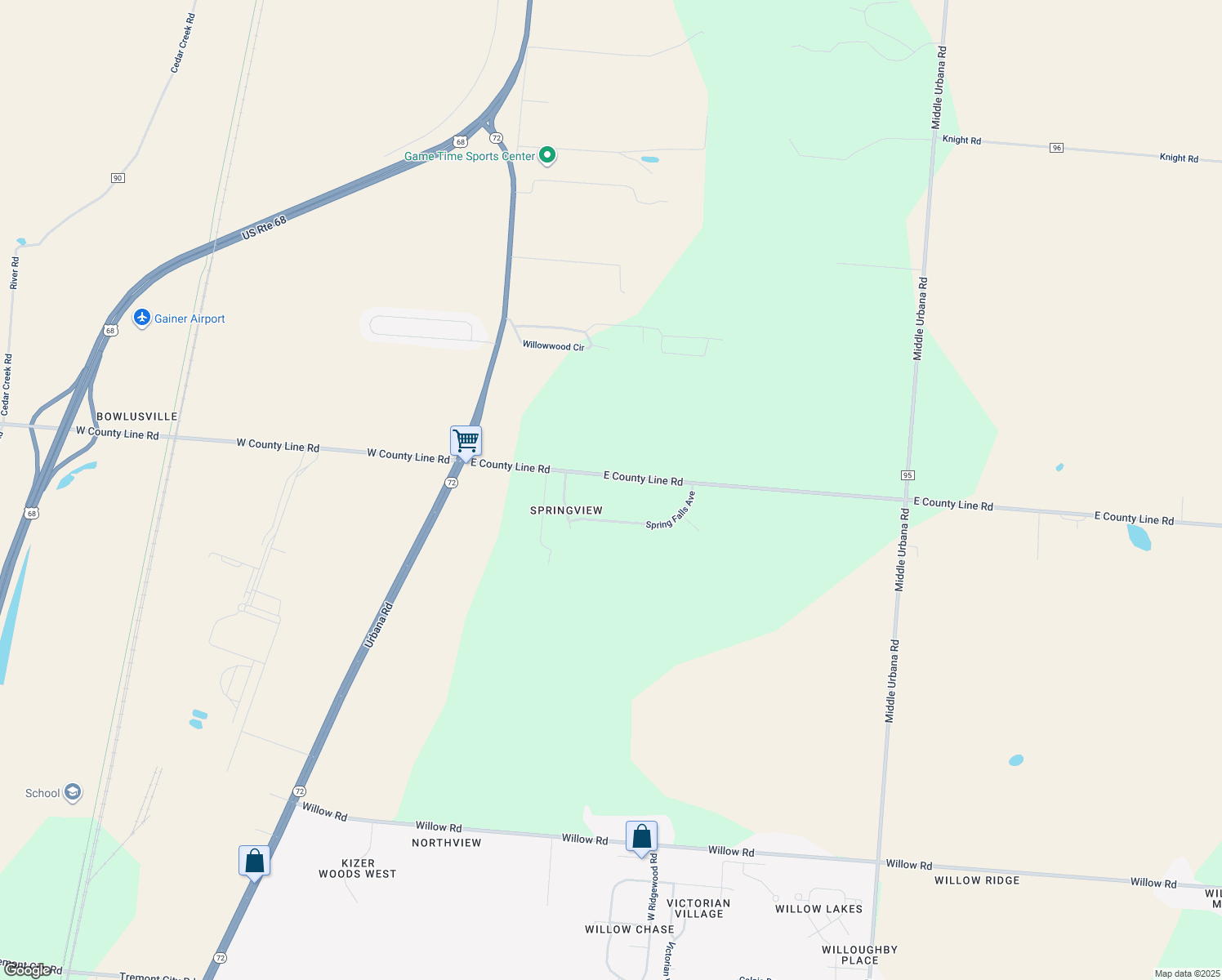 map of restaurants, bars, coffee shops, grocery stores, and more near 625 East County Line Road in Springfield