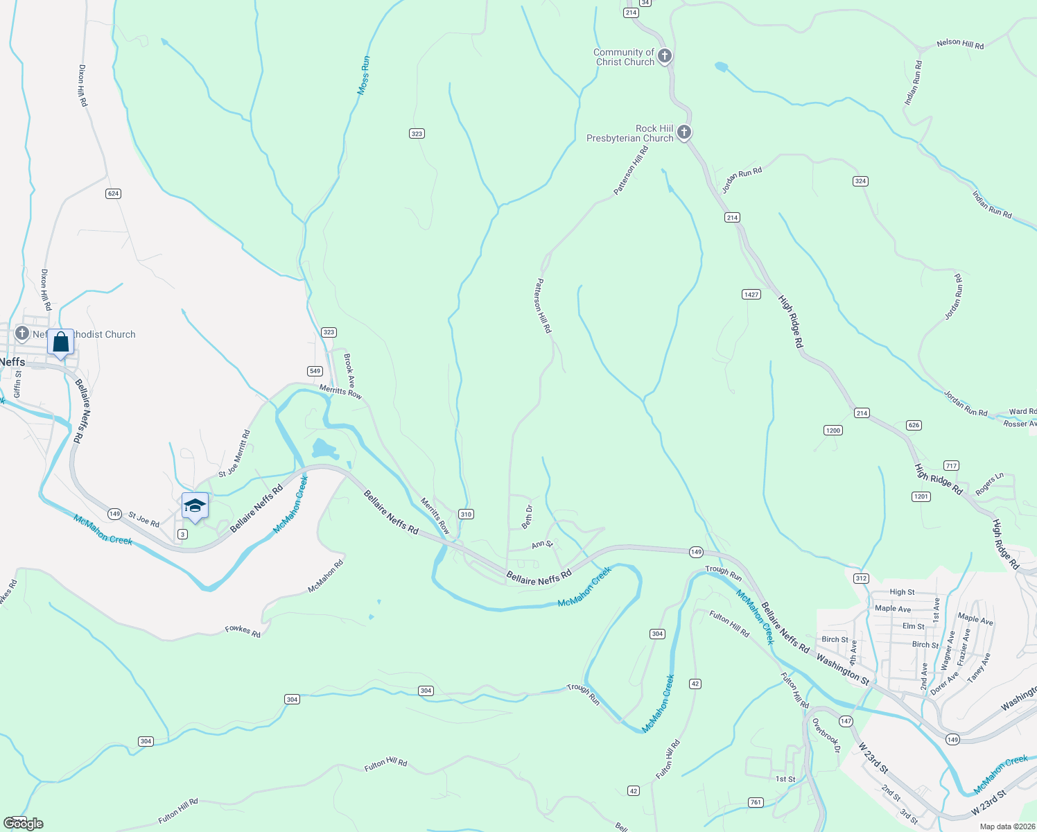 map of restaurants, bars, coffee shops, grocery stores, and more near 65022 Patterson Hill Road in Bellaire