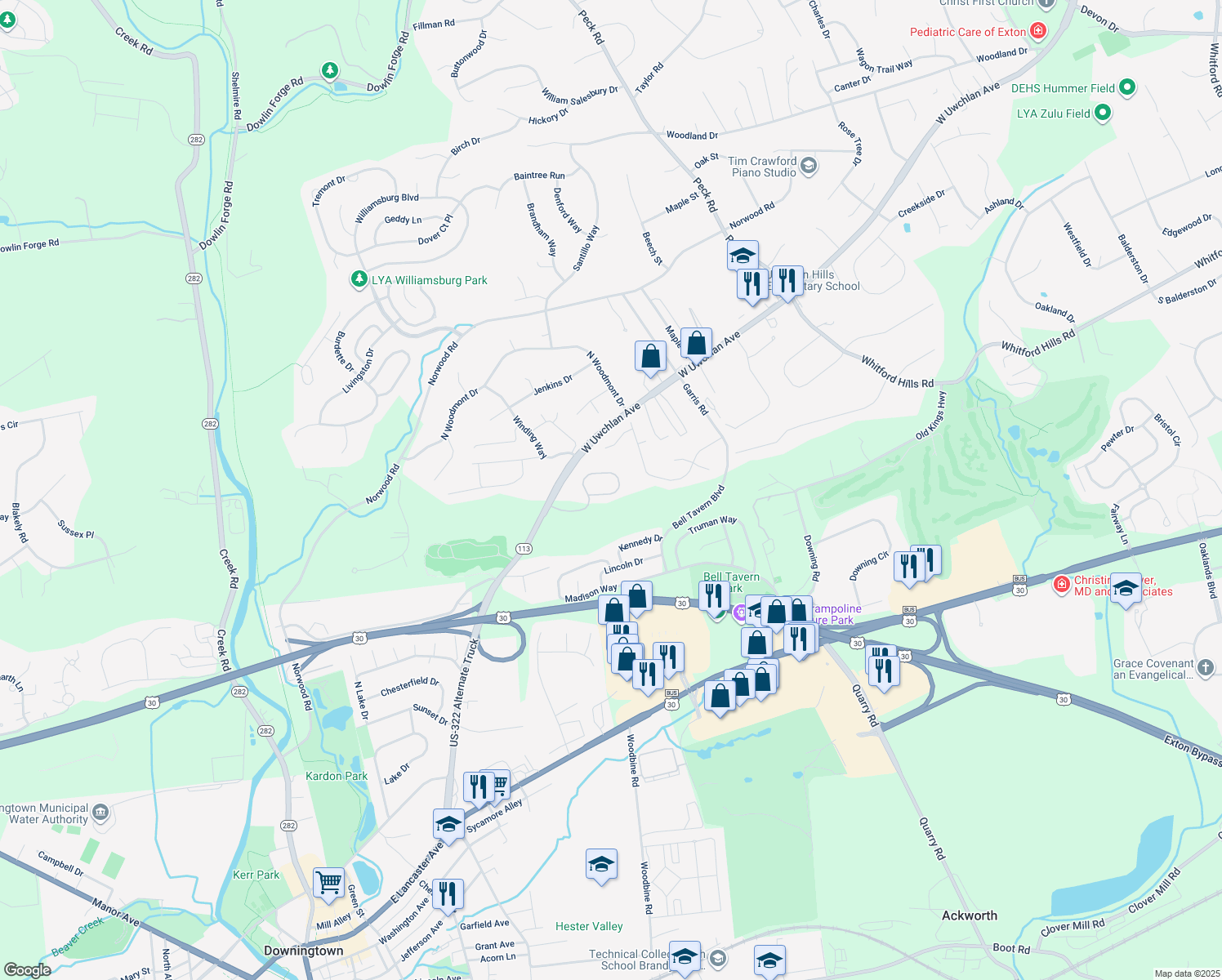 map of restaurants, bars, coffee shops, grocery stores, and more near 226 Tall Trees Circle in Downingtown