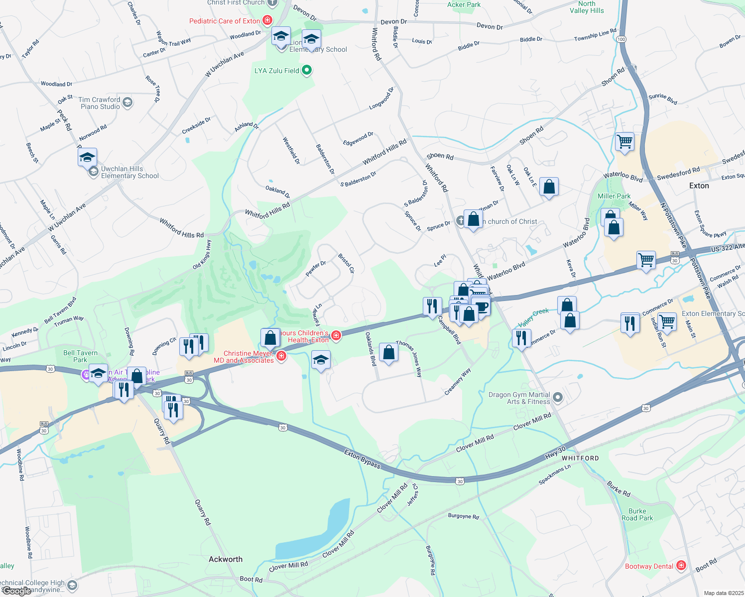 map of restaurants, bars, coffee shops, grocery stores, and more near 516 Downing Court in Exton