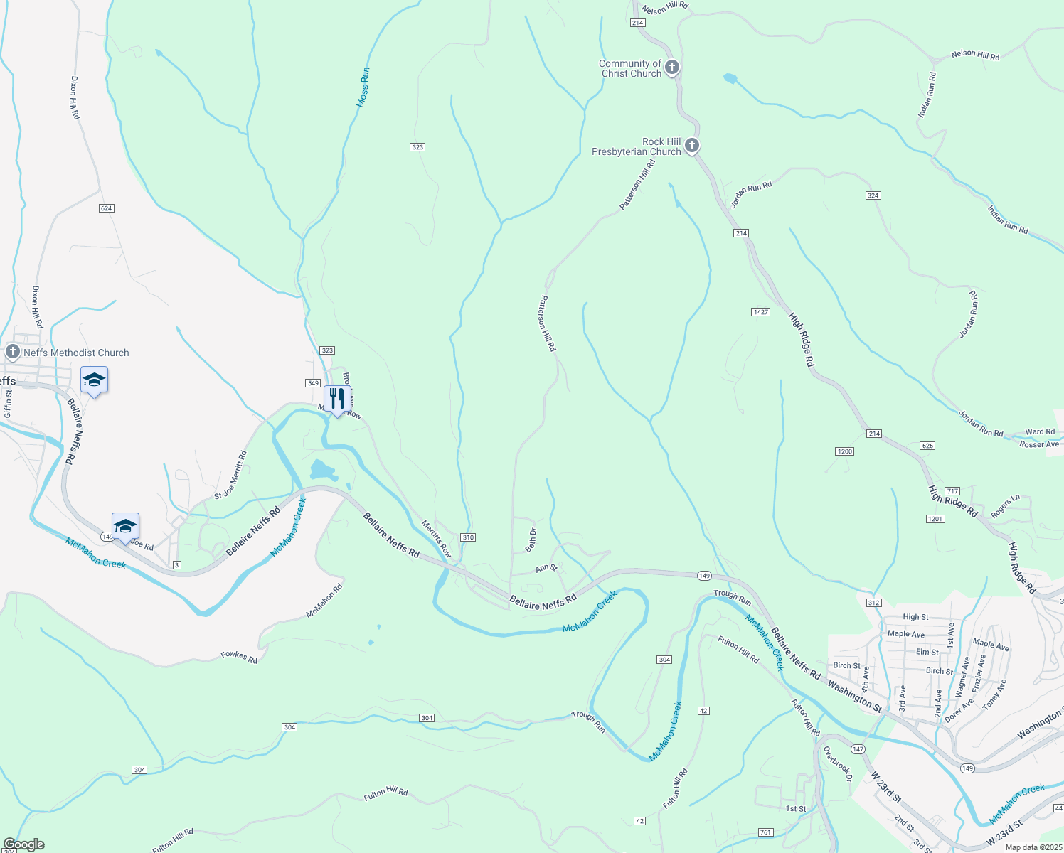 map of restaurants, bars, coffee shops, grocery stores, and more near 65060 Patterson Hill Road in Bellaire