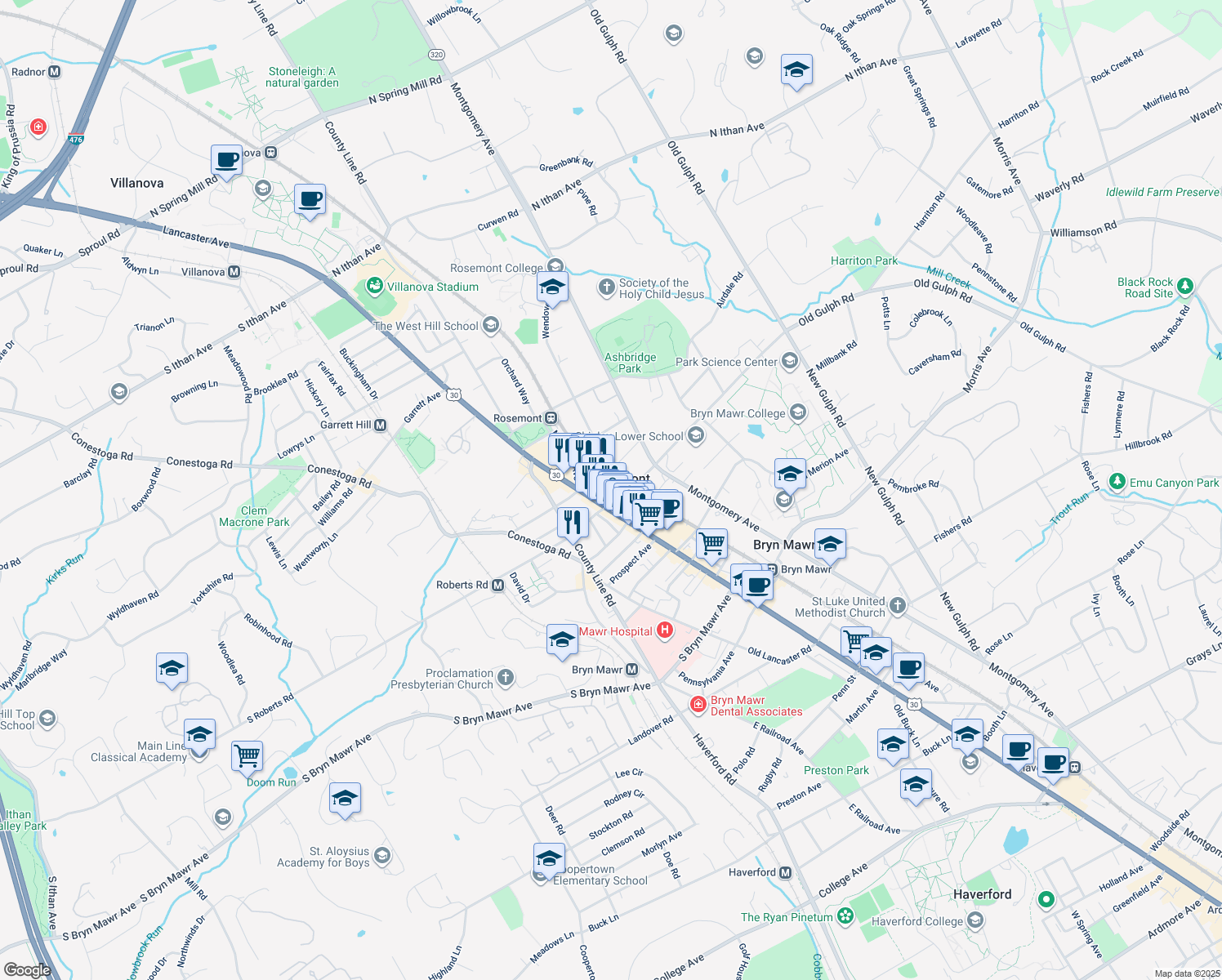 map of restaurants, bars, coffee shops, grocery stores, and more near 13 Franklin Street in Bryn Mawr