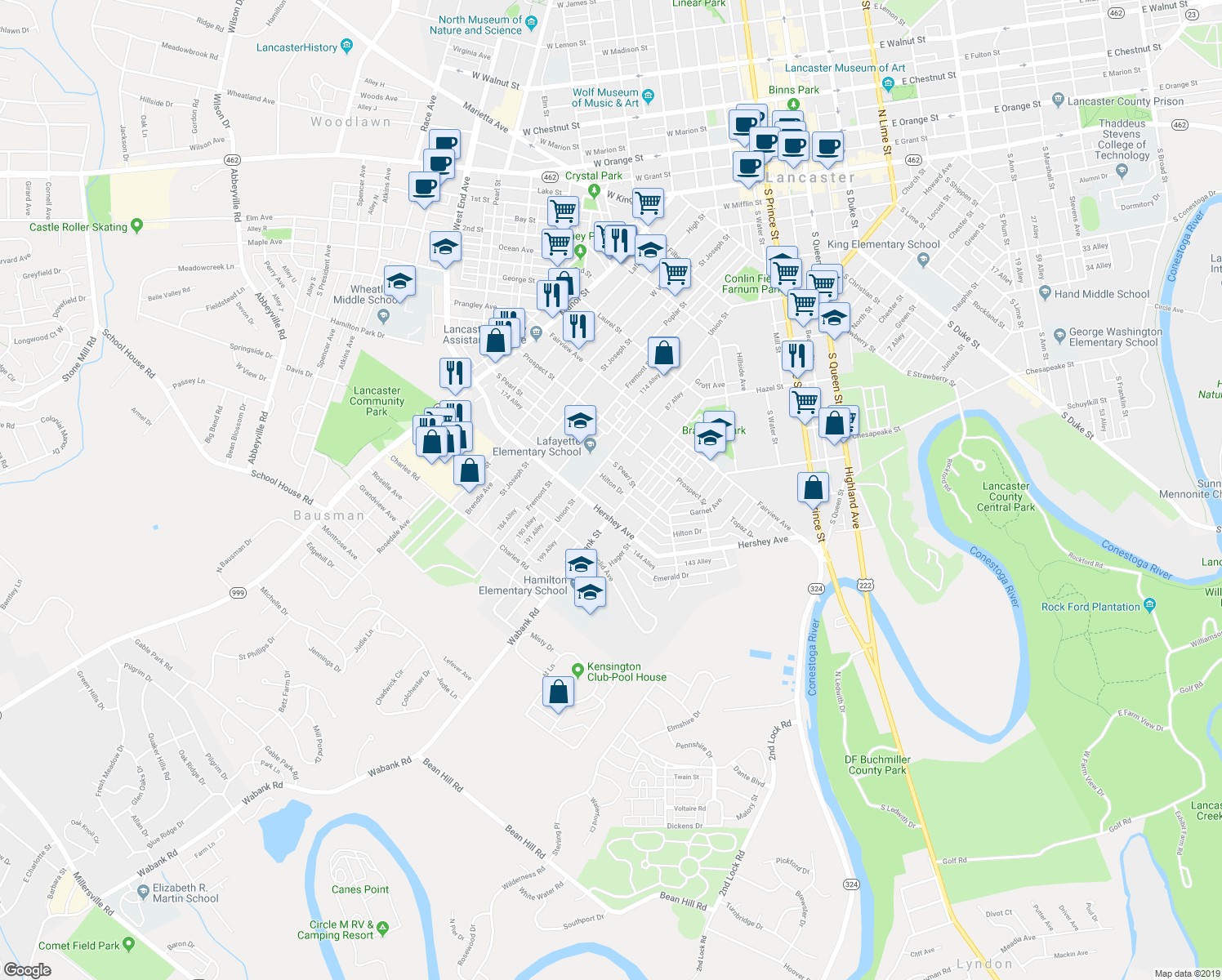 map of restaurants, bars, coffee shops, grocery stores, and more near 424 Hilton Drive in Lancaster