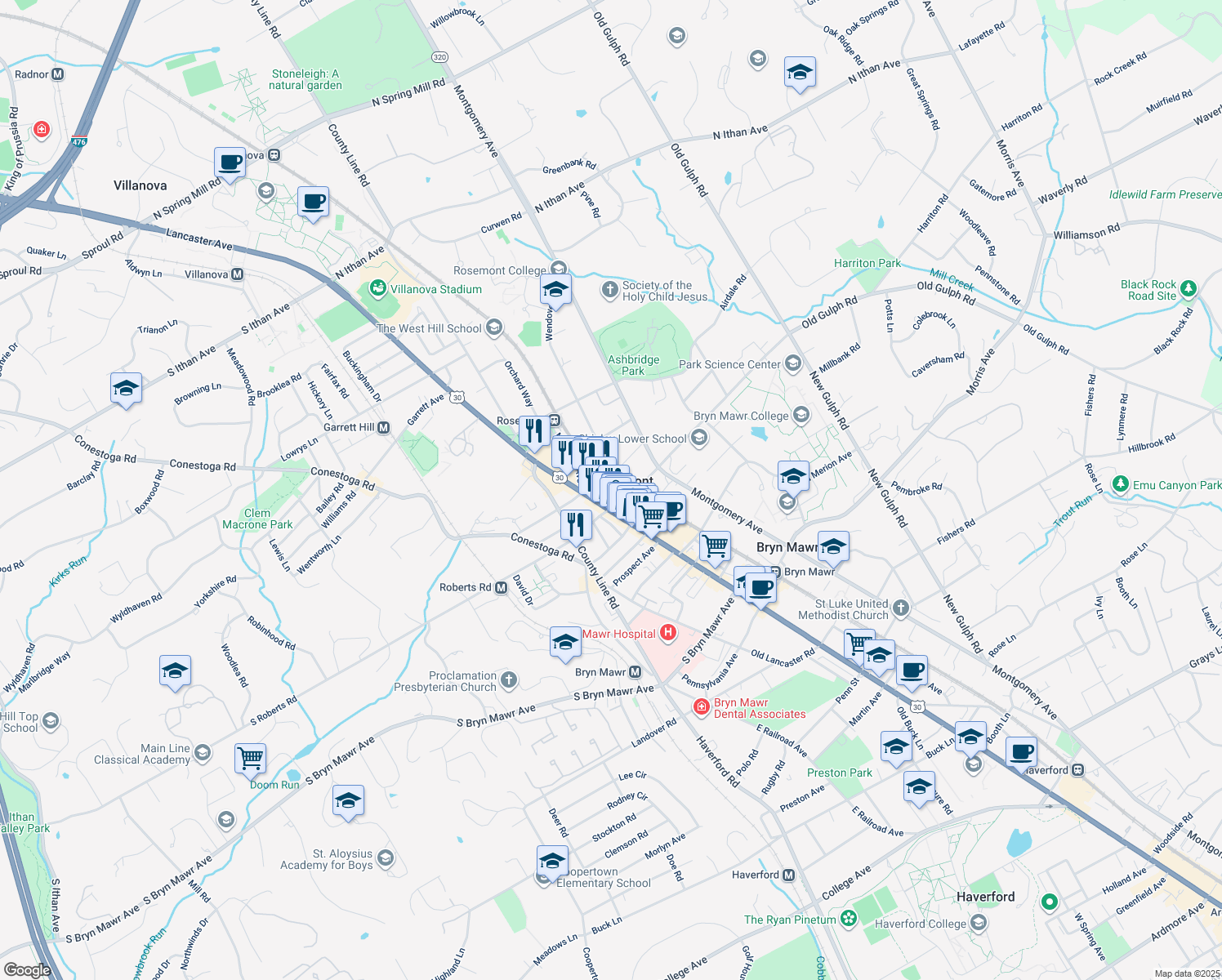 map of restaurants, bars, coffee shops, grocery stores, and more near 10 Franklin Street in Bryn Mawr